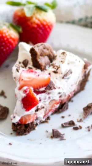 A delectable slice of strawberry Nutella cream pie, featuring a rich chocolate chip cookie crust, served on an elegant blue plate. This dessert combines fruity and chocolatey flavors perfectly.