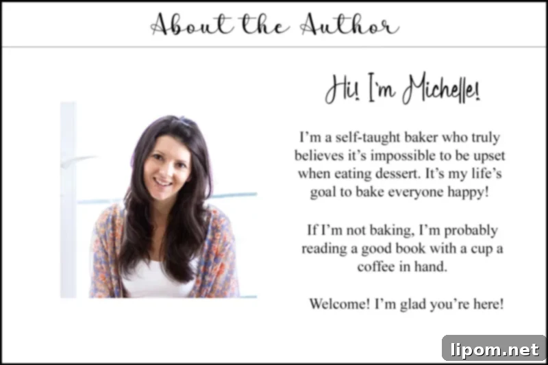 Author information and a smiling photo, encouraging readers to connect and explore more recipes on the blog.
