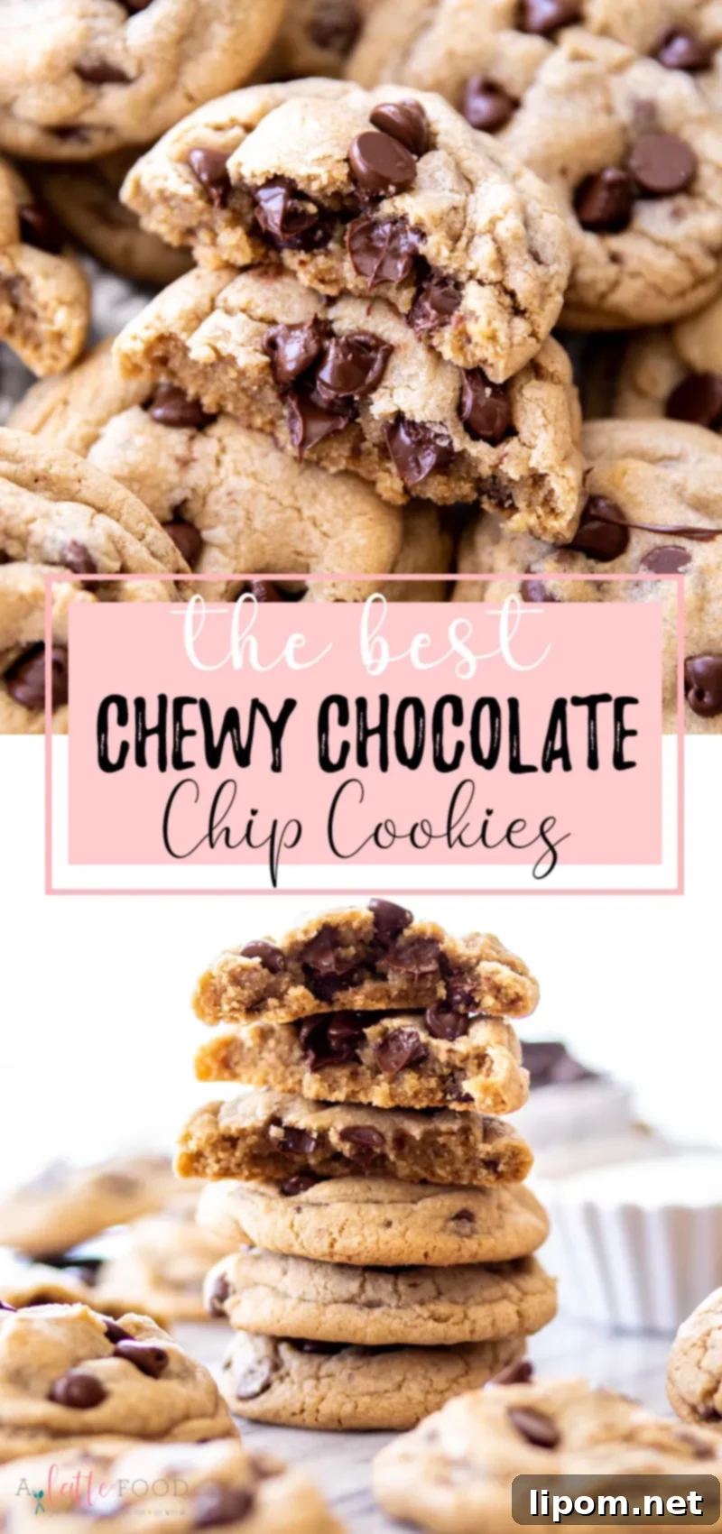 A collage featuring homemade chocolate chip cookies, showcasing various stages and textures, accompanied by text emphasizing its softness, chewiness, and no-chill aspect. These are described as the best classic cookies, made for over a decade with butter, vanilla, and espresso powder.