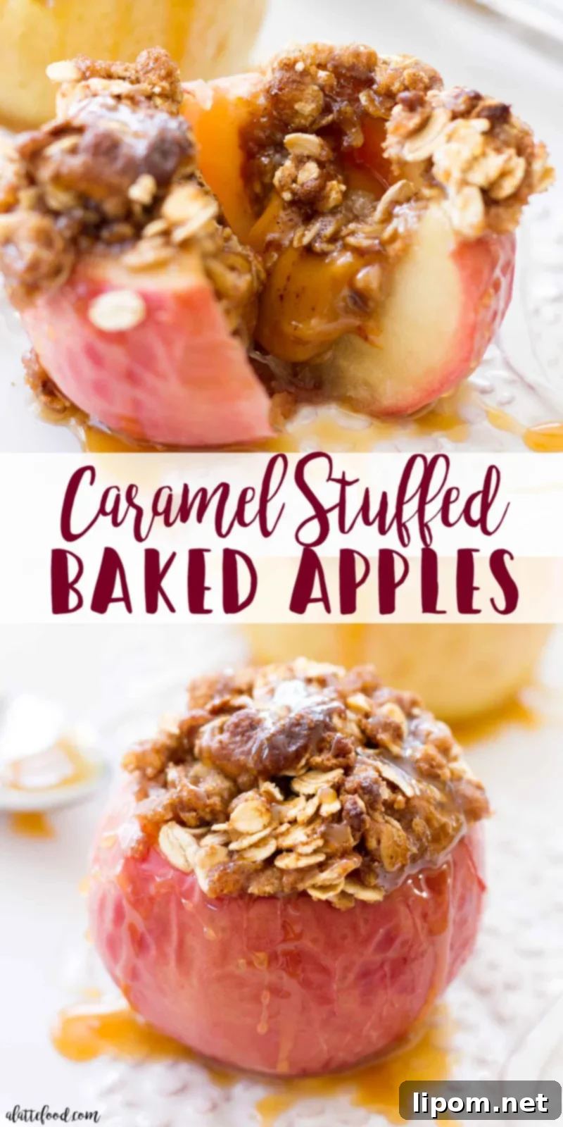 These Caramel Stuffed Baked Apples are topped with an oat brown sugar crust. These baked apples are filled with caramel candies and baked until the apples are soft, the caramel is gooey, and the topping is crisp and caramelized! #apple #dessert #recipe #fall #thanksgiving These Brown Sugar Caramel Stuffed Baked Apples make the best fall breakfast!