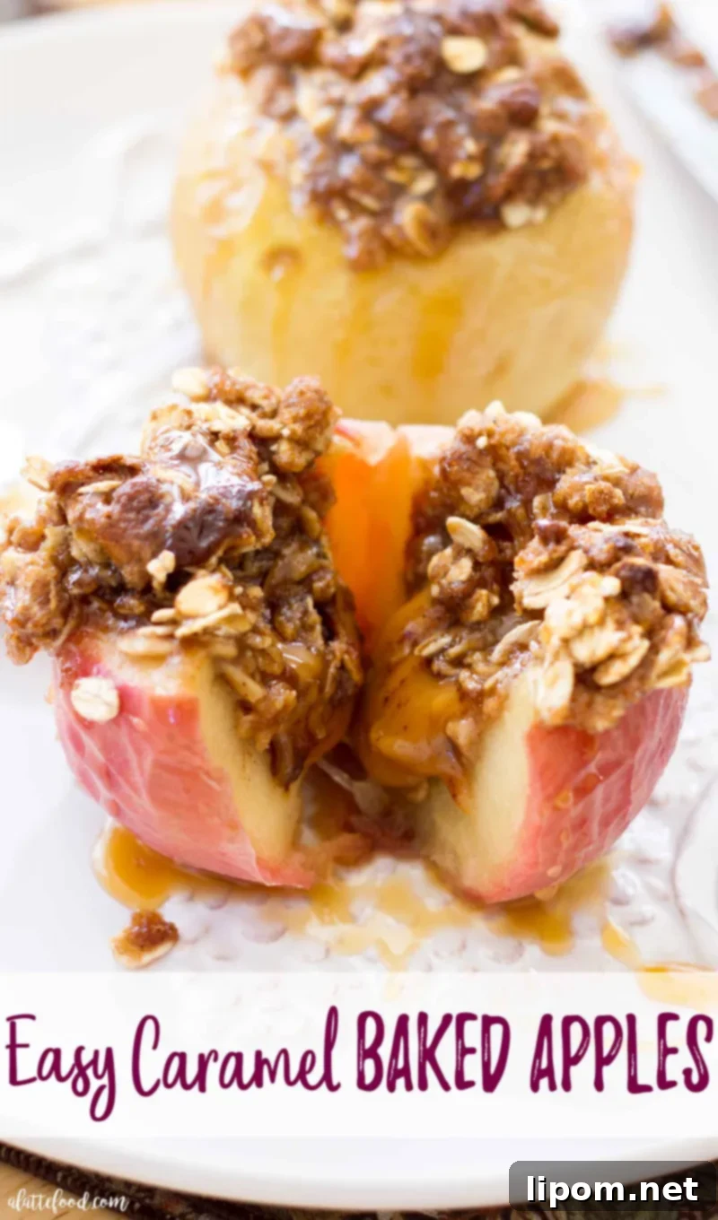 These Caramel Stuffed Baked Apples are topped with an oat brown sugar crust. These baked apples are filled with caramel candies and baked until the apples are soft, the caramel is gooey, and the topping is crisp and caramelized! #apple #dessert #recipe #fall #thanksgiving Learn how to make Caramel Stuffed Baked Apples topped with an oatmeal brown sugar topping!