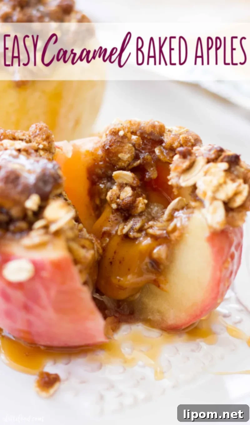 These Caramel Stuffed Baked Apples are topped with an oat brown sugar crust. These baked apples are filled with caramel candies and baked until the apples are soft, the caramel is gooey, and the topping is crisp and caramelized! #apple #dessert #recipe #fall #thanksgiving This gooey Caramel Stuffed Baked Apples recipe is so topped with an oat brown sugar crust.