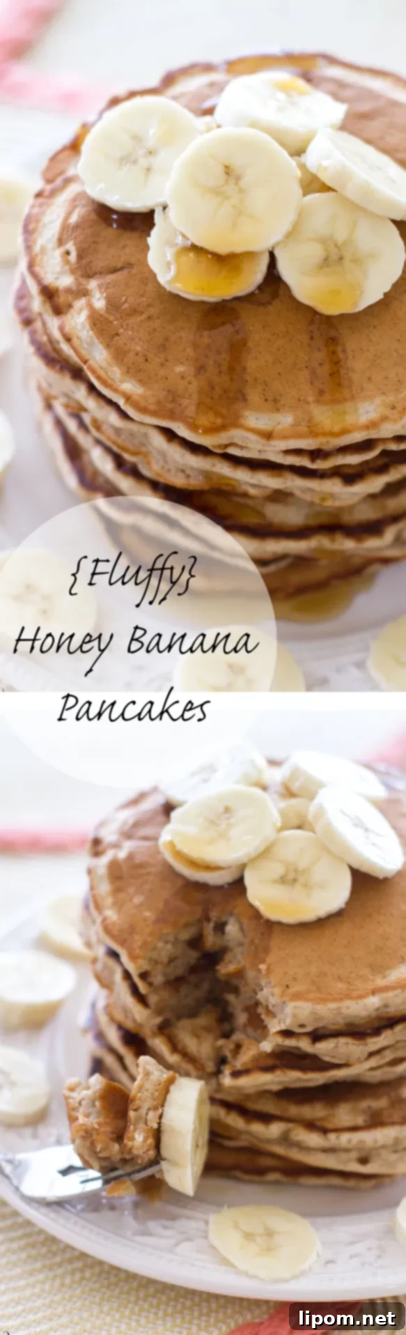 Cloud-Like Honey Banana Pancakes 13 A beautifully composed shot of fluffy honey banana pancakes, sliced bananas, and a honey dipper