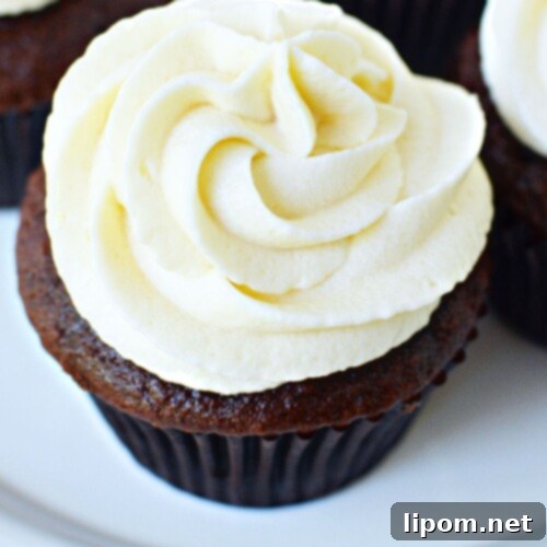 Silken Buttercream 7 Fluffy Russian Buttercream on a chocolate cupcake.
