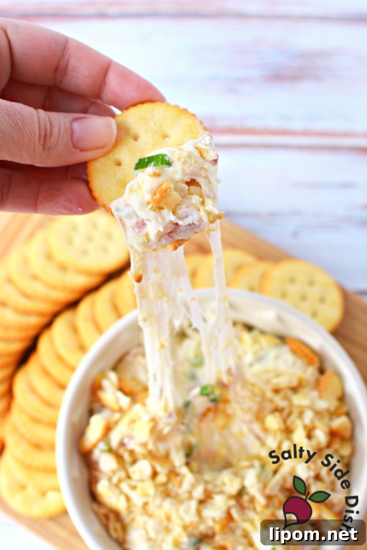 Swiss Bacon Indulgence 3 Bowl of warm Swiss cheese dip with bacon and green onions.