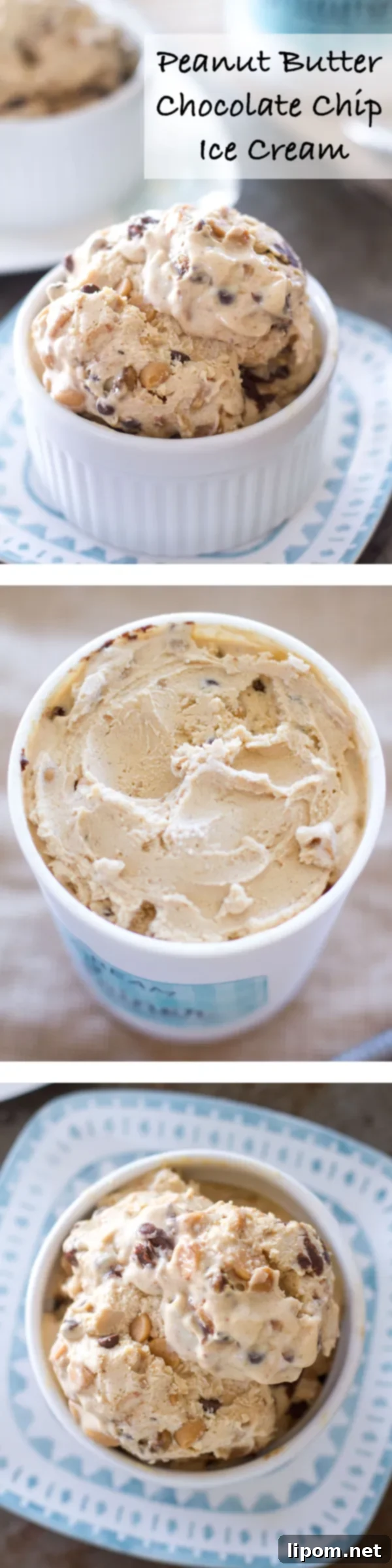 This creamy peanut butter ice cream is swirled with ribbons of chocolate, peanut butter chips, and chocolate chips. It's a chocolate peanut butter dream! | www.alattefood.com