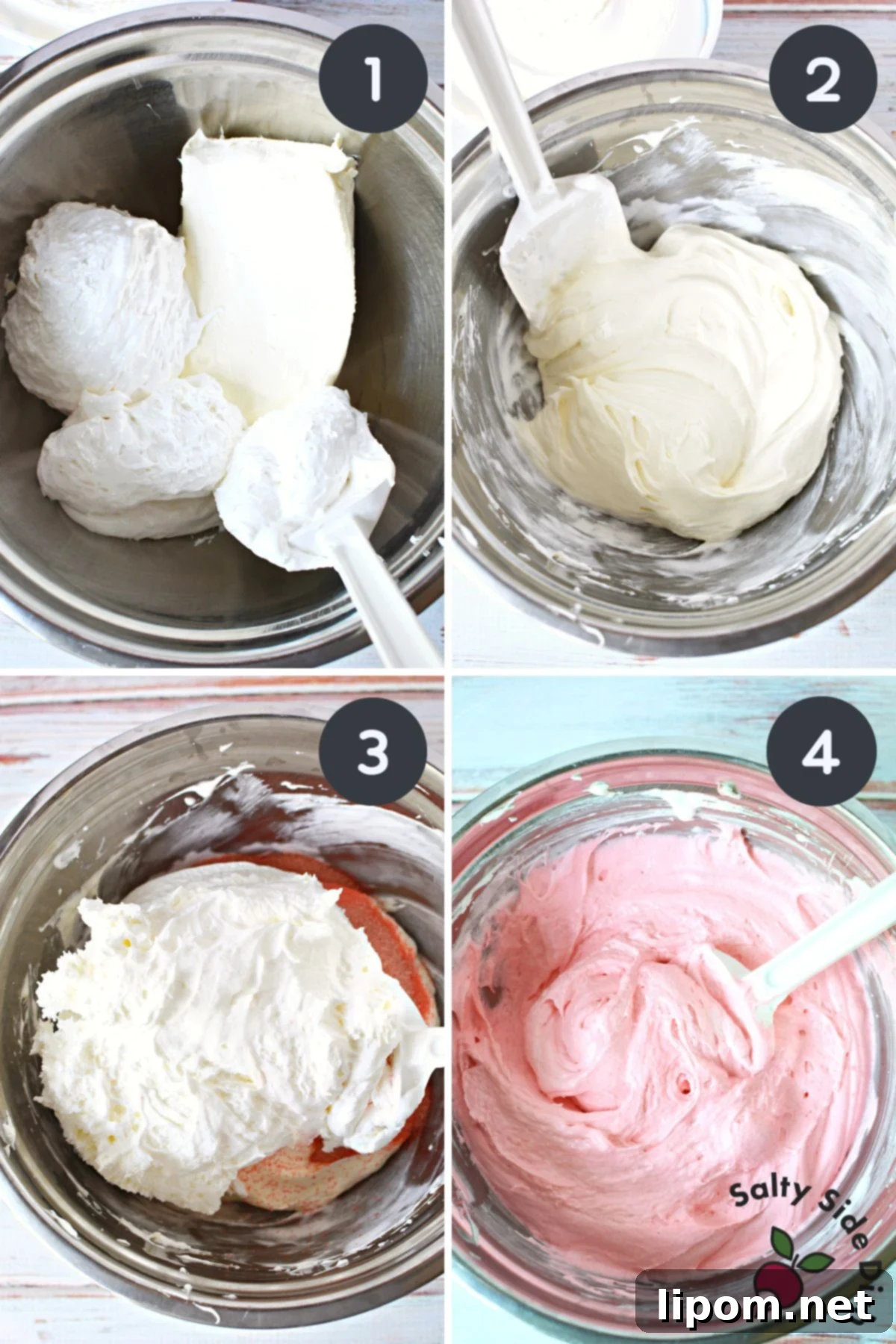 Luscious Strawberry Dip 3 Step-by-step guide showing how to create smooth strawberry cream cheese dip using the viral TikTok recipe, with ingredients blending seamlessly for a delightful dessert.