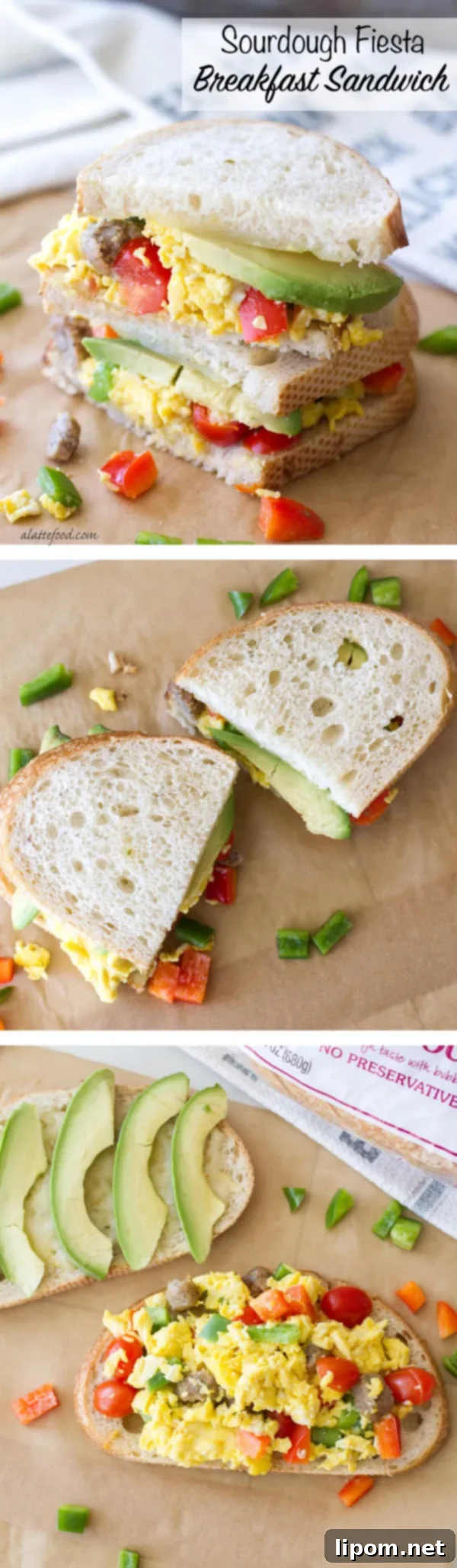This hearty breakfast sandwich is made with San Luis Sourdough® Bread, scrambled eggs, bell peppers, pepper jack cheese, sausage, and avocado! It's an easy breakfast recipe that will stick with you all morning!