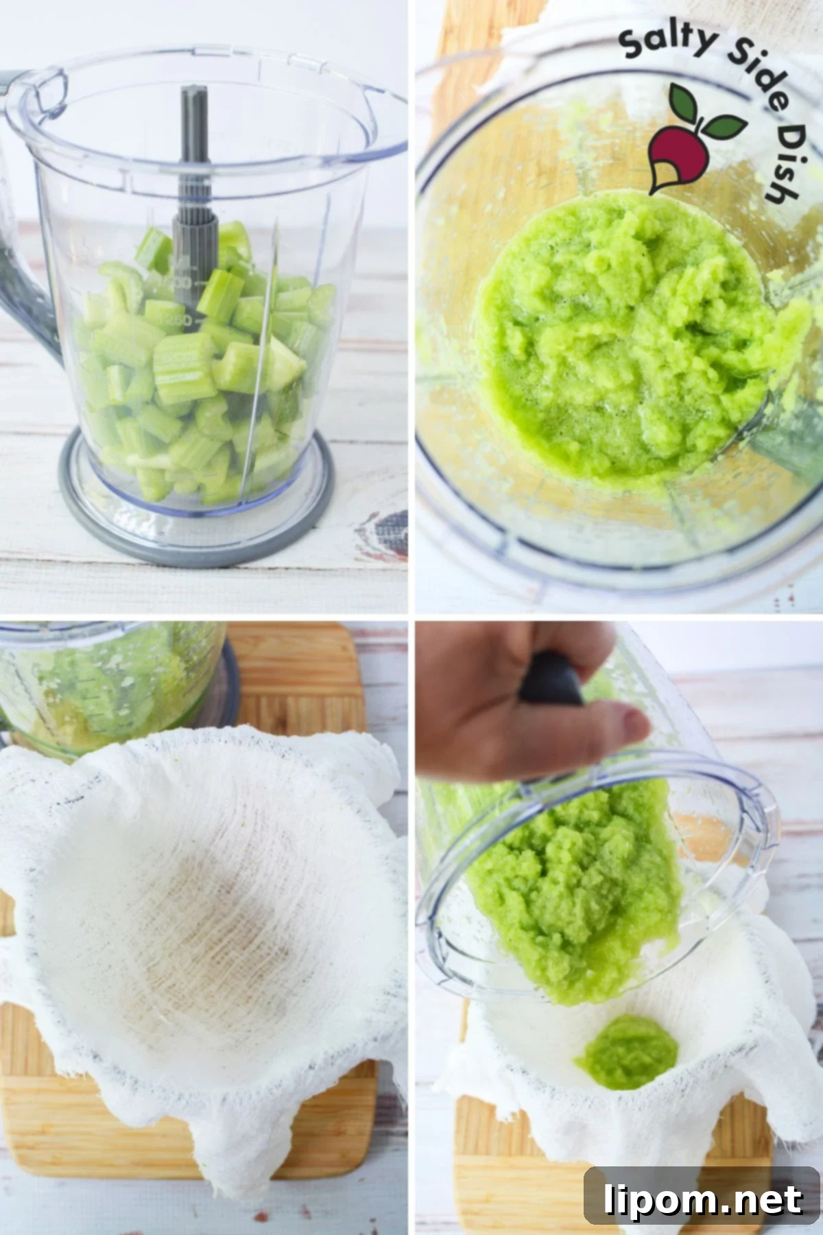 Celery Juice 4 Blending celery, lime, and water in a high-speed blender for juicing.