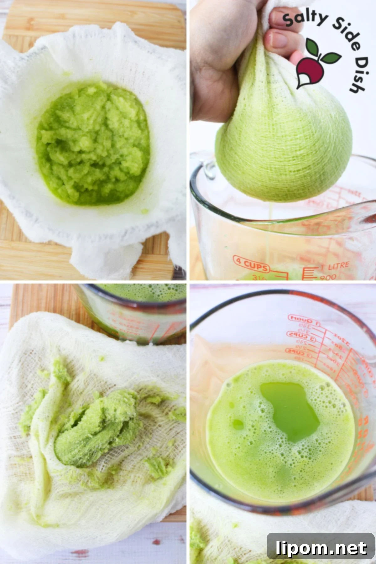 Celery Juice 5 Squeezing celery juice from pulp using a cheesecloth.