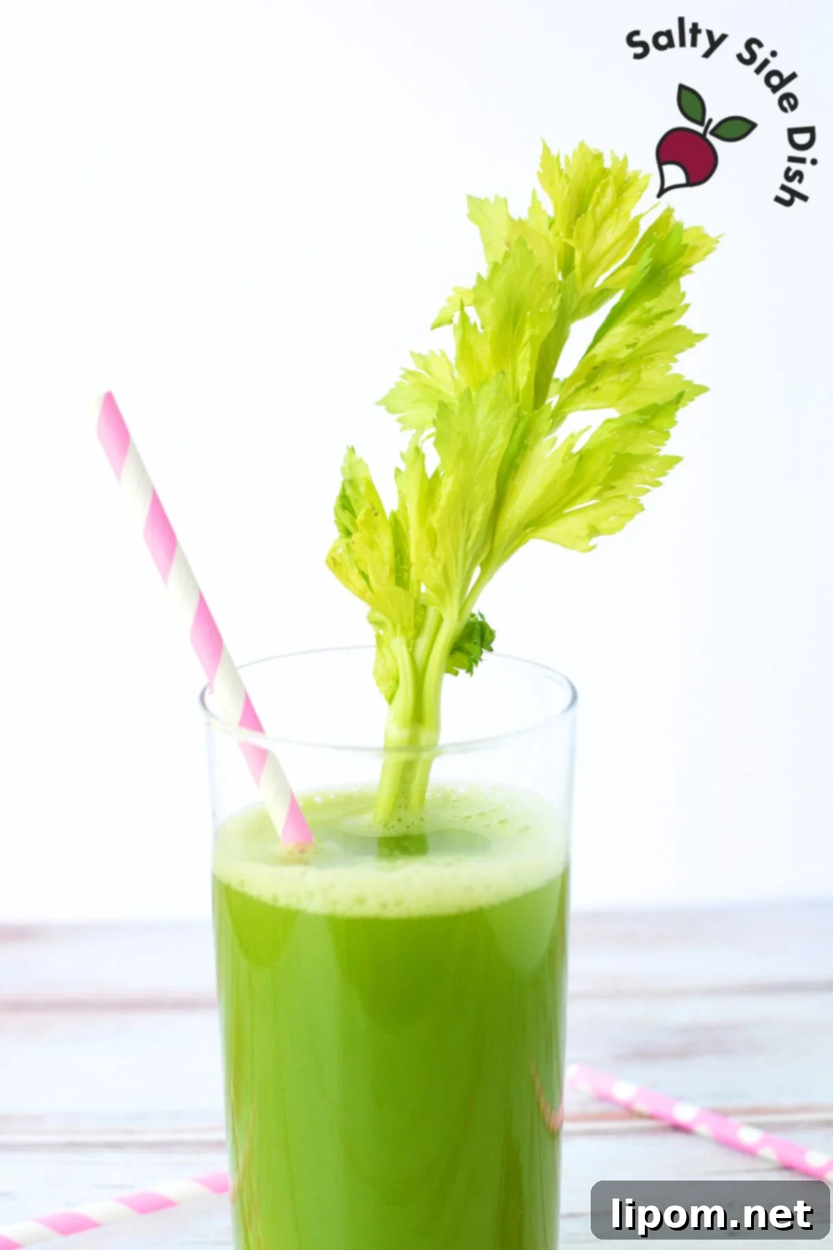 Celery Juice 7 Celery juice garnished with a fresh celery stalk.
