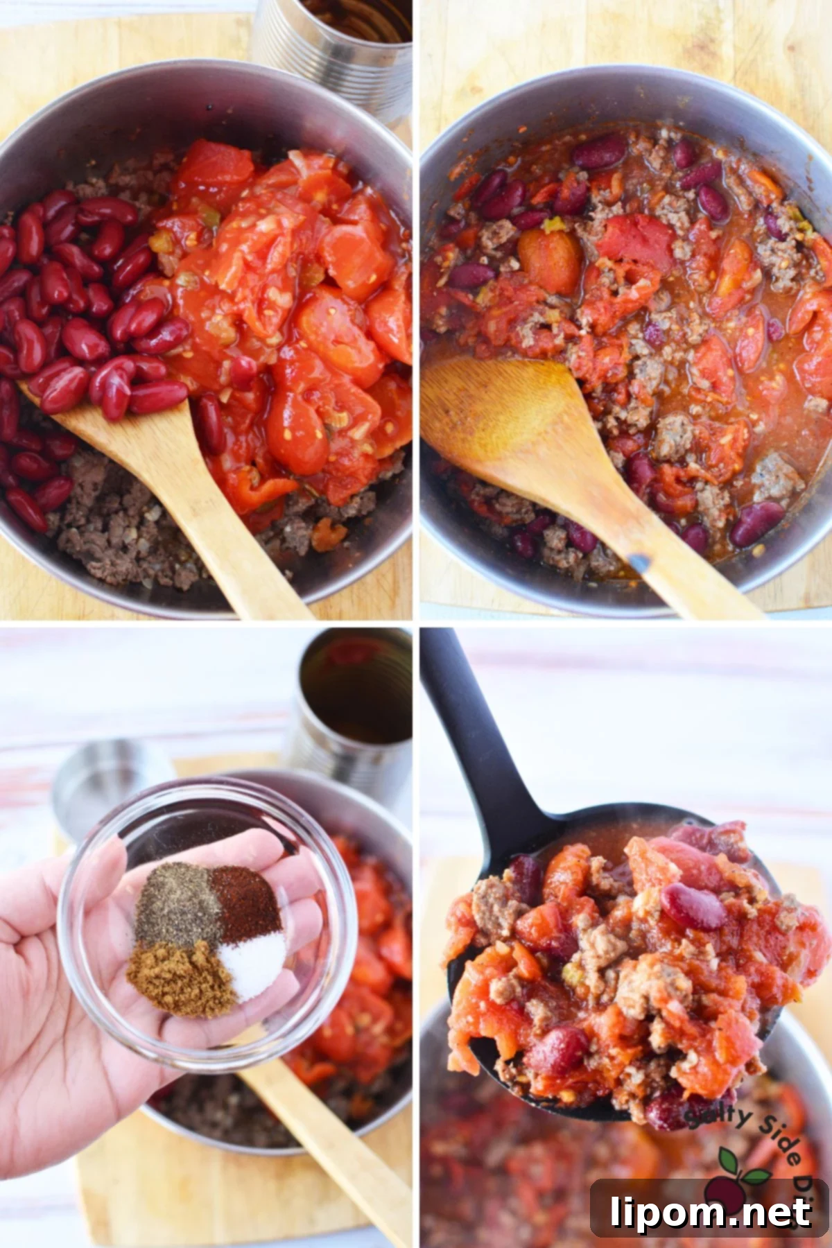 A selection of fresh ingredients laid out for making the single serving chili recipe, including ground beef, diced onions, canned tomatoes, and spices.