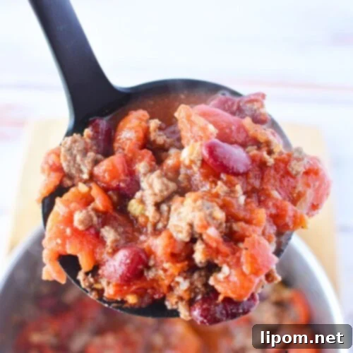 A serving of homemade chili for one, being scooped from a saucepan with a ladle, showing its rich texture.