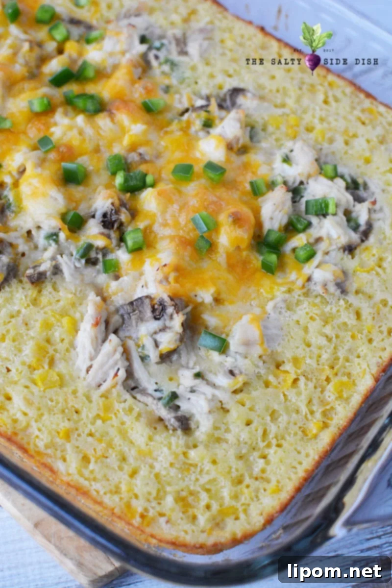 Baked chicken Mexican corn casserole, golden brown and bubbly, fresh out of the oven.