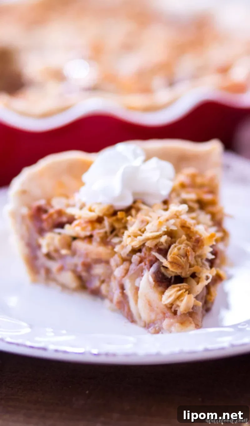 Close-up of the delightful, golden crust and sweet filling of Maple Oatmeal Apple Pie