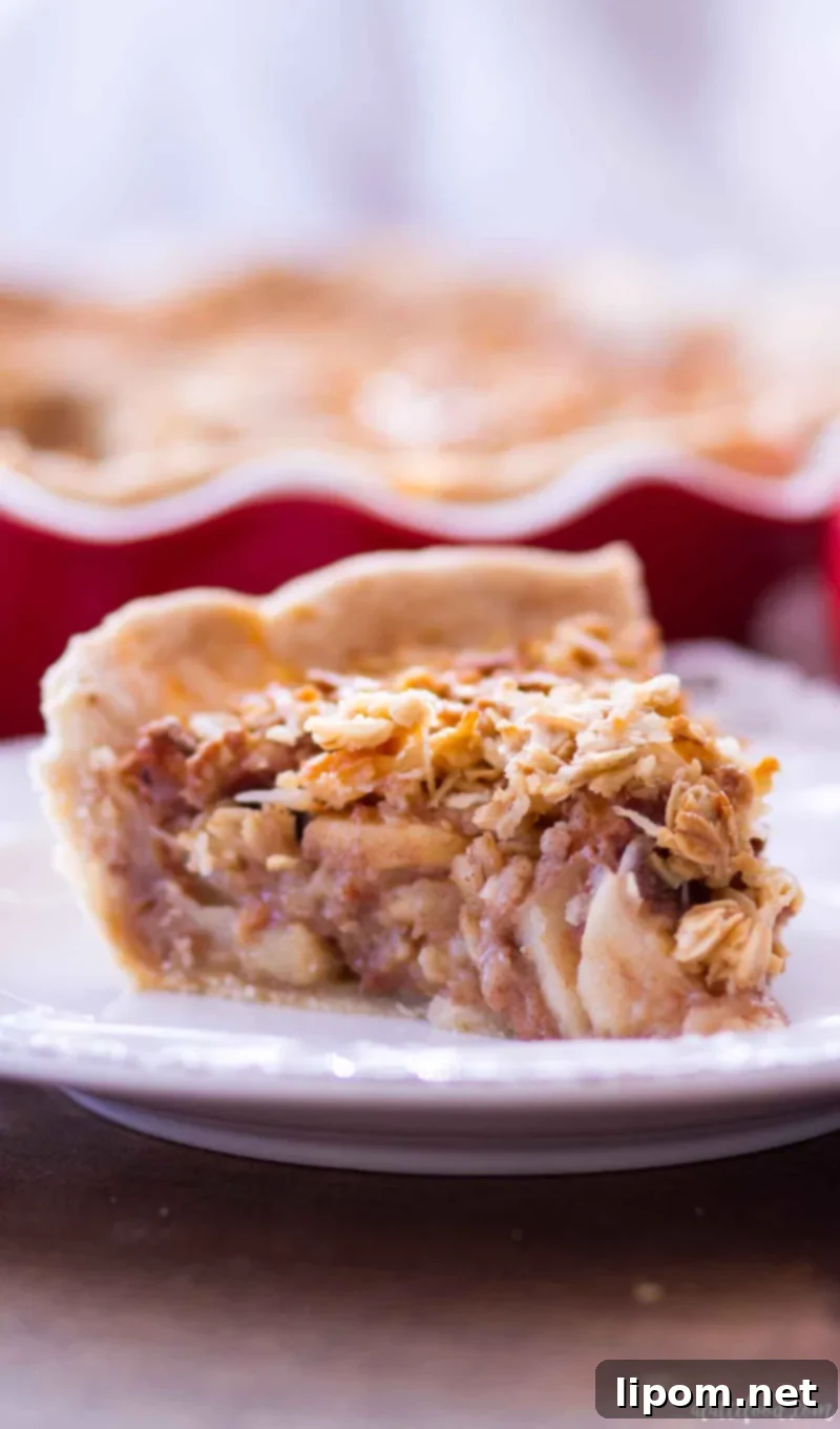 A generous slice of Maple Oatmeal Apple Pie, ready to be enjoyed with a spoon