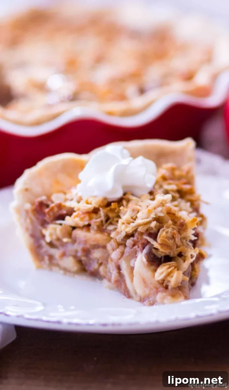 Artfully arranged Maple Oatmeal Apple Pie, showcasing its inviting golden-brown topping