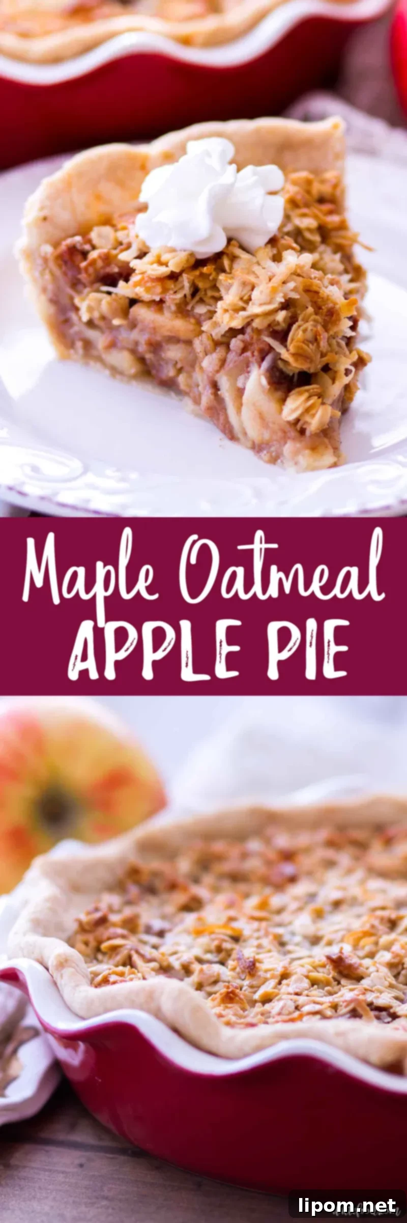 A stunning close-up of Maple Oatmeal Apple Pie, highlighting the texture of the topping