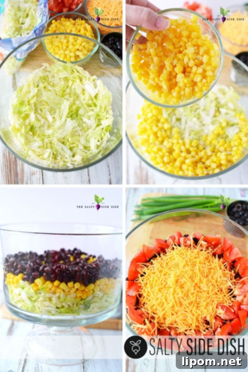 Fiesta Taco Stack 5 Layering the first ingredients of the taco salad in a clear bowl.