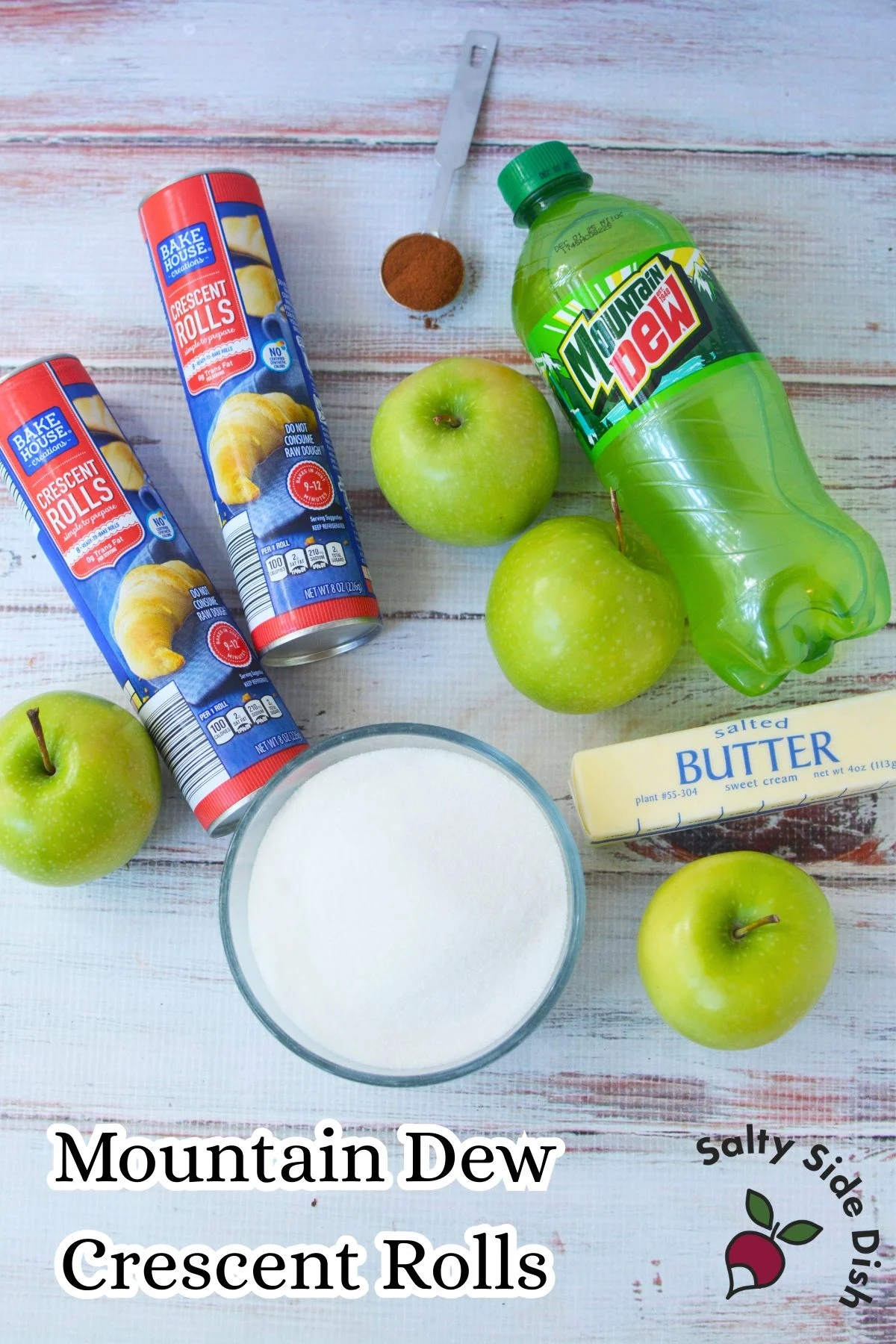 Ingredients for Mountain Dew apple dumplings with crescent rolls, apples, sugar, butter, and cinnamon