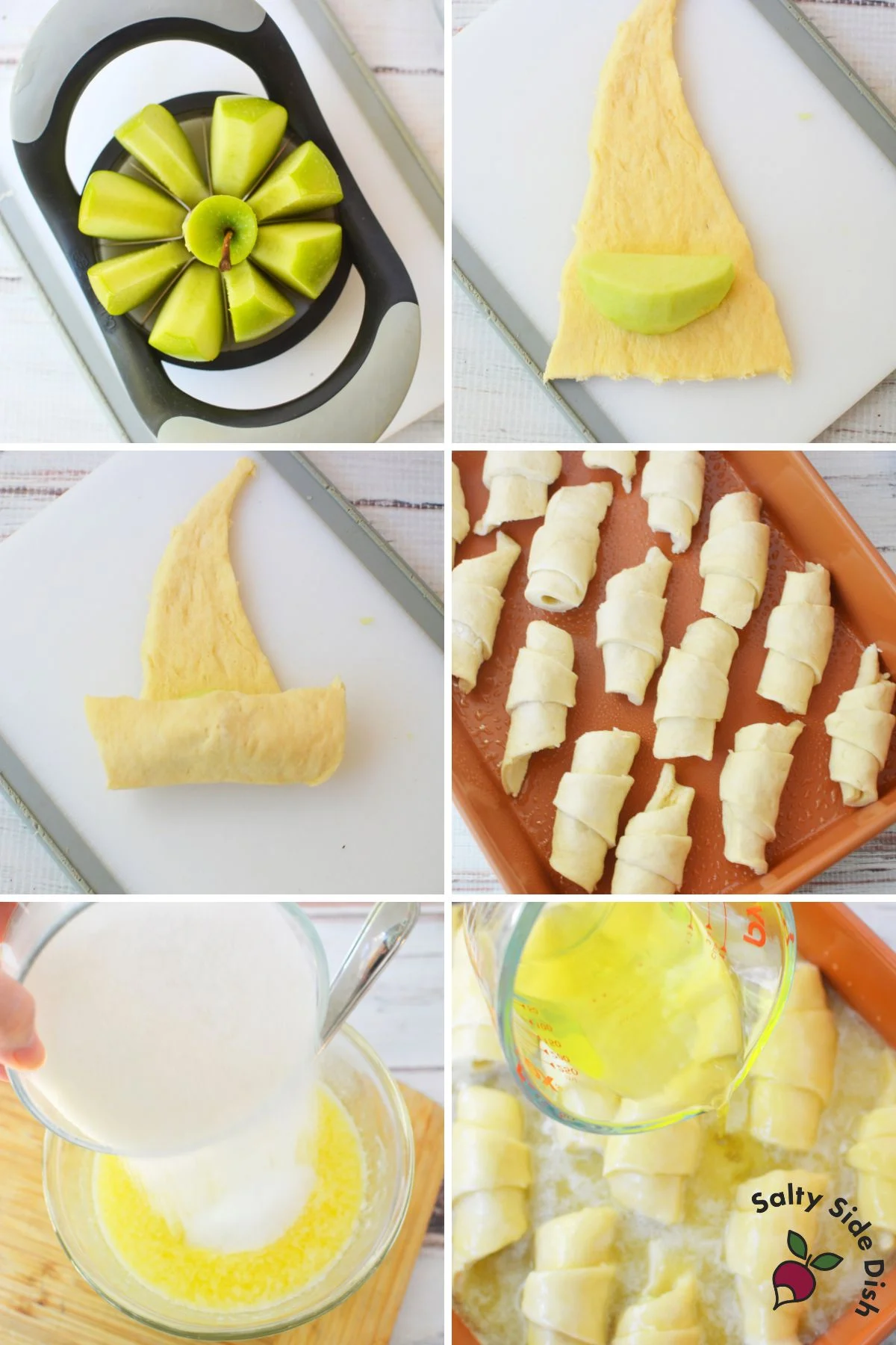 Crescent roll apple dumplings in pan with butter, sugar, and Mountain Dew before baking