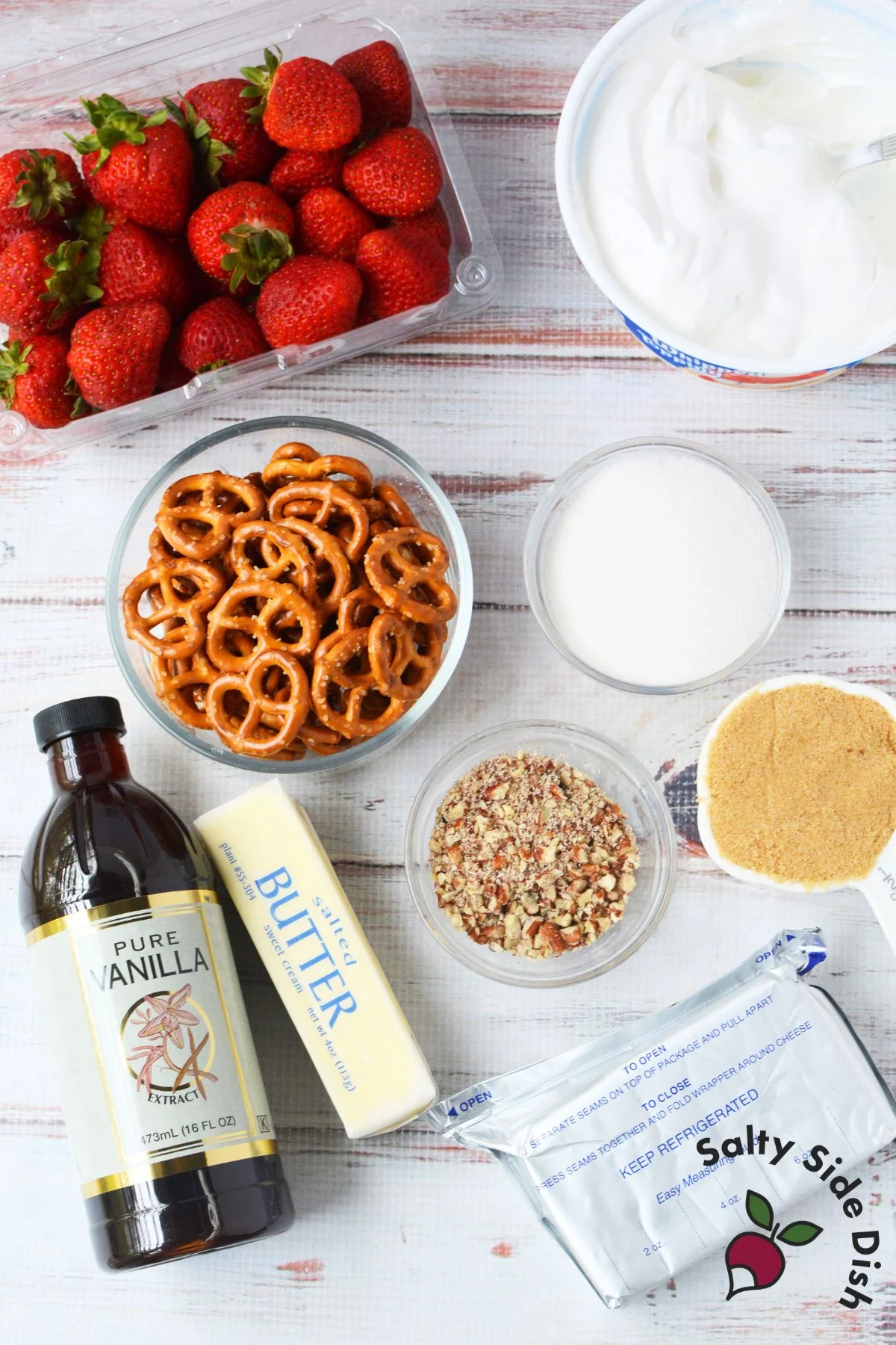 Close up of strawberry pretzel salad ingredients inspired fluff dessert with crunchy baked pretzels