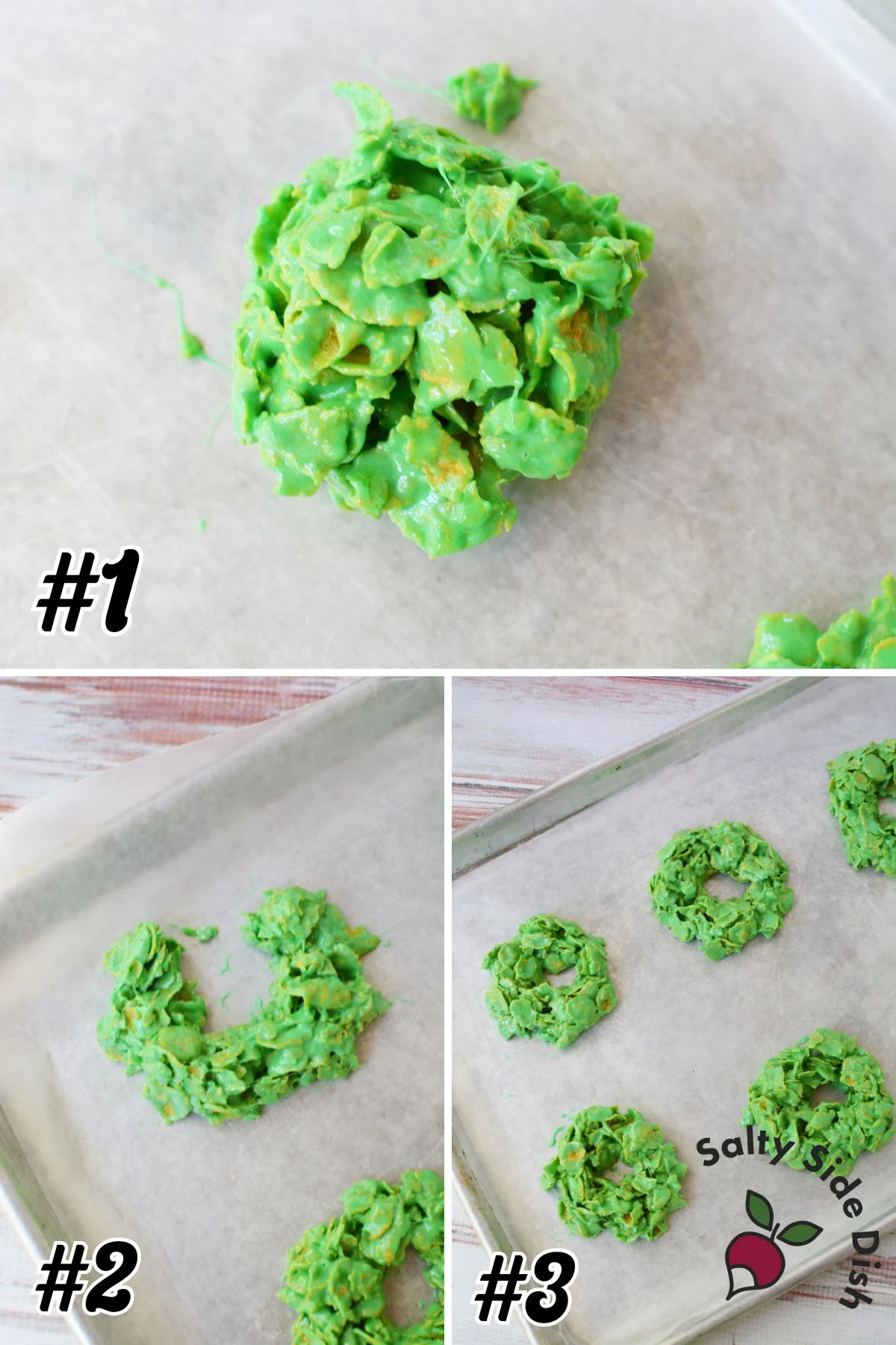 shaping cornflakes into a wreath.