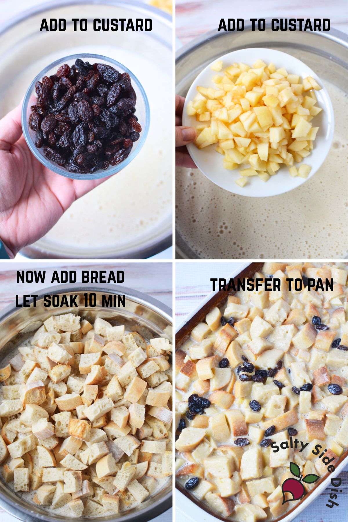 raisins apples and toasted bread mixed into custard for homemade bread pudding collage