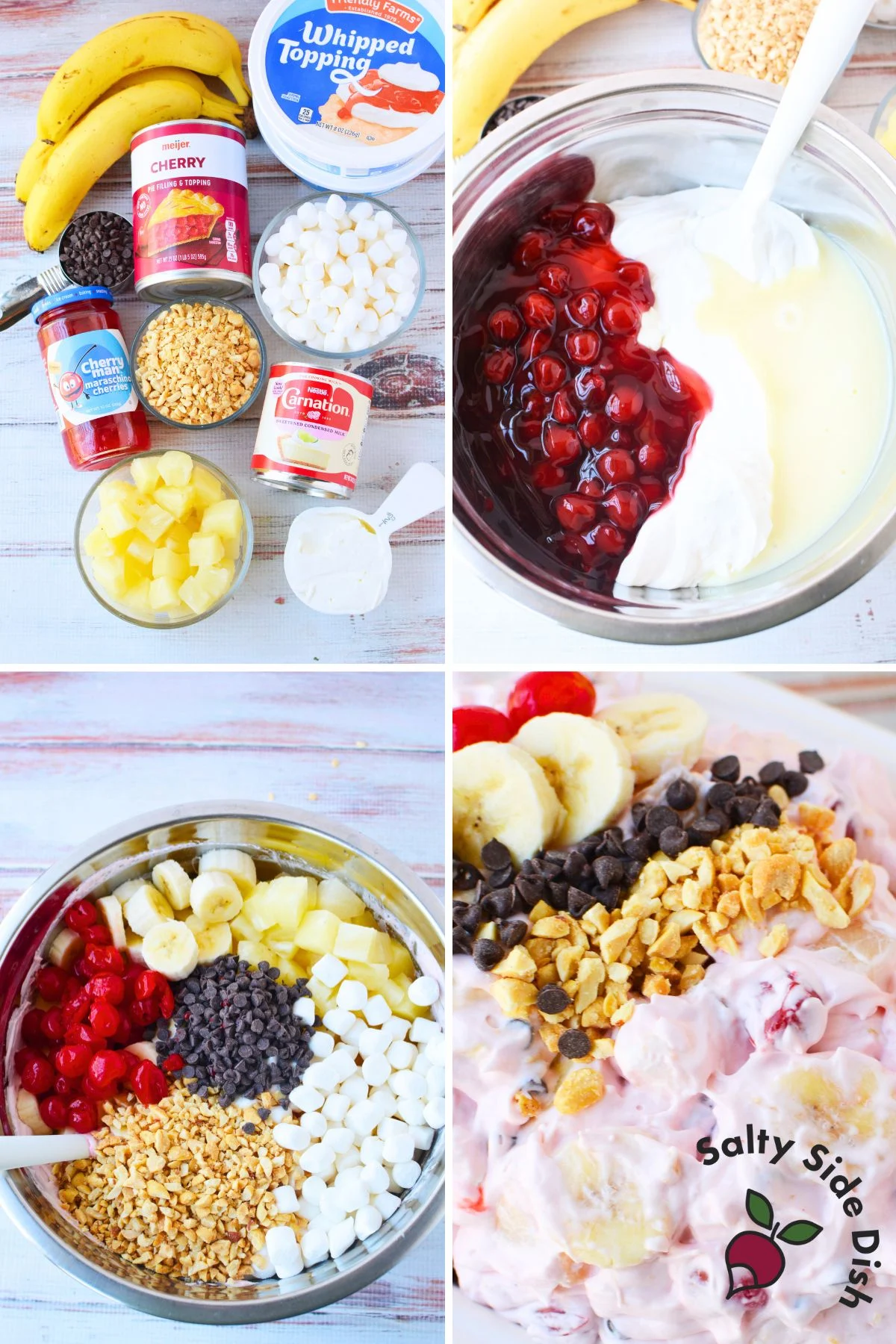 banana split fluff salad recipe collage showing ingredients and step by step mixing process