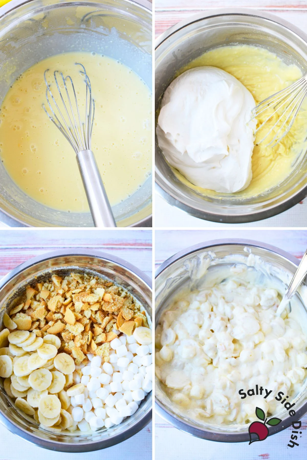 Step by step images showing how to mix banana pudding fluff salad from pudding base to folding in whipped topping, bananas, cookies, and marshmallows.