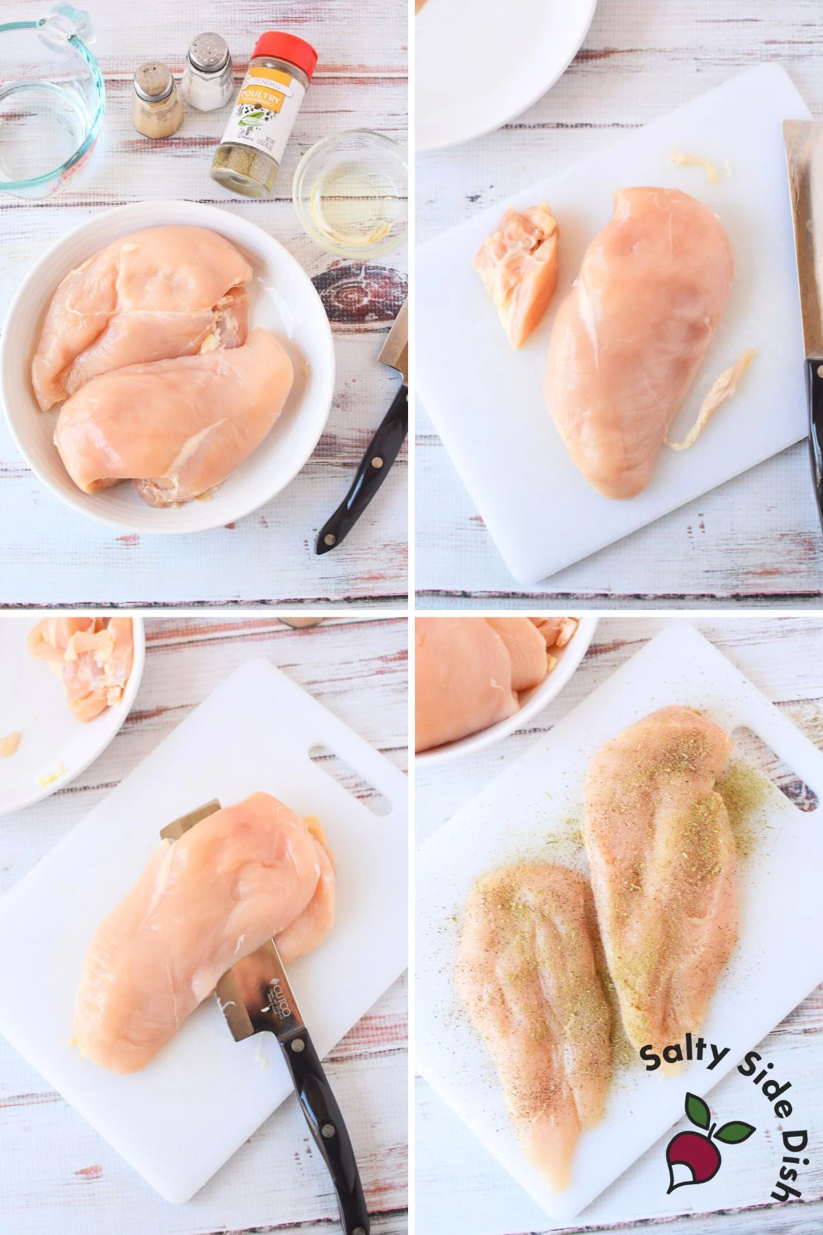 Step-by-step collage showing how to trim, season, and cook chicken breasts in a cast iron skillet.