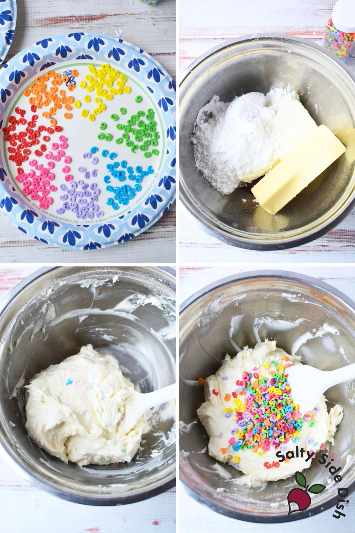 Step-by-step collage showing how to make a 6-7 cheeseball with number sprinkles mixed into a sweet cream cheese base.