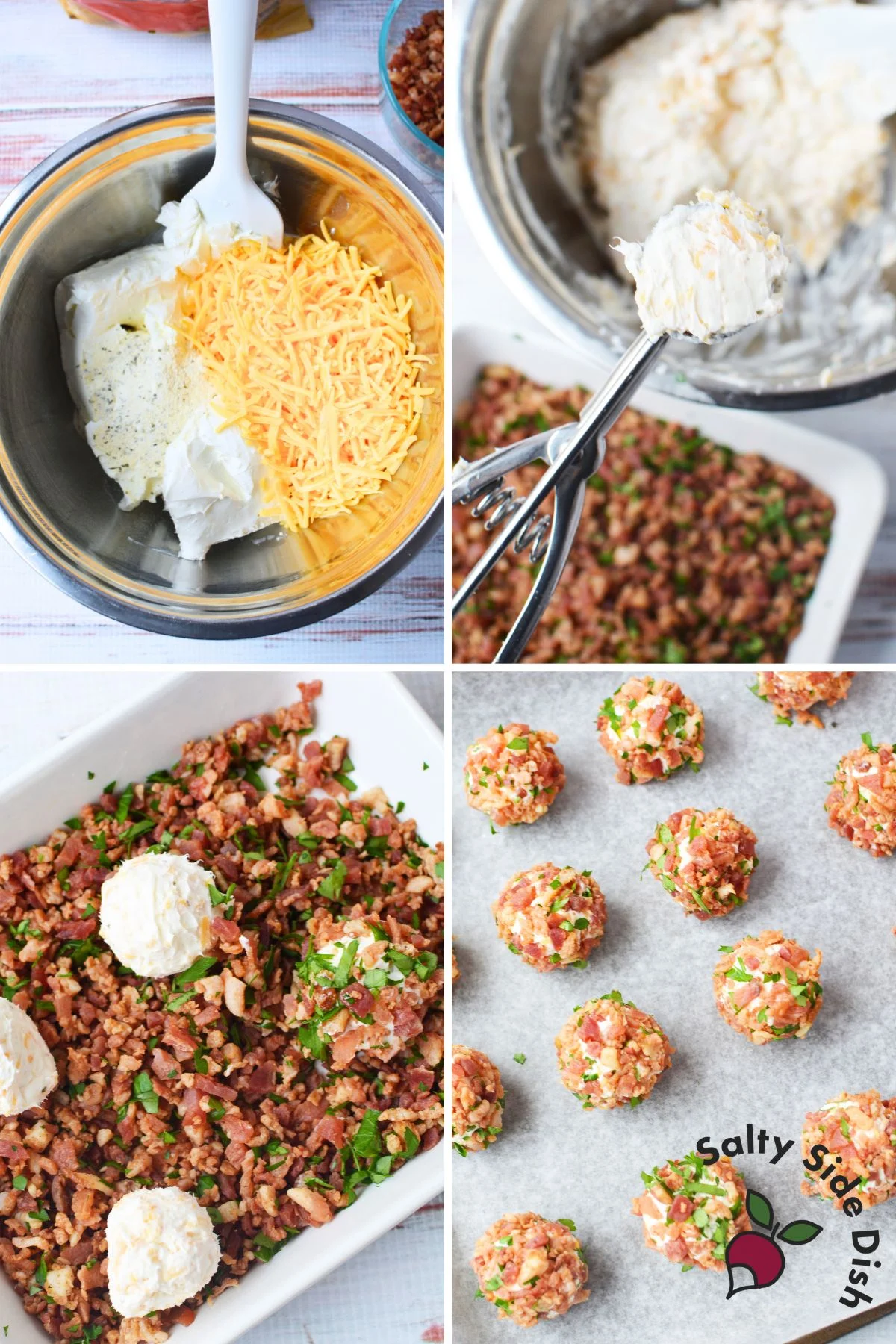 Step-by-step process showing how to make mini cheeseball bites with cream cheese, cheddar, ranch seasoning, bacon bits, and parsley coating.