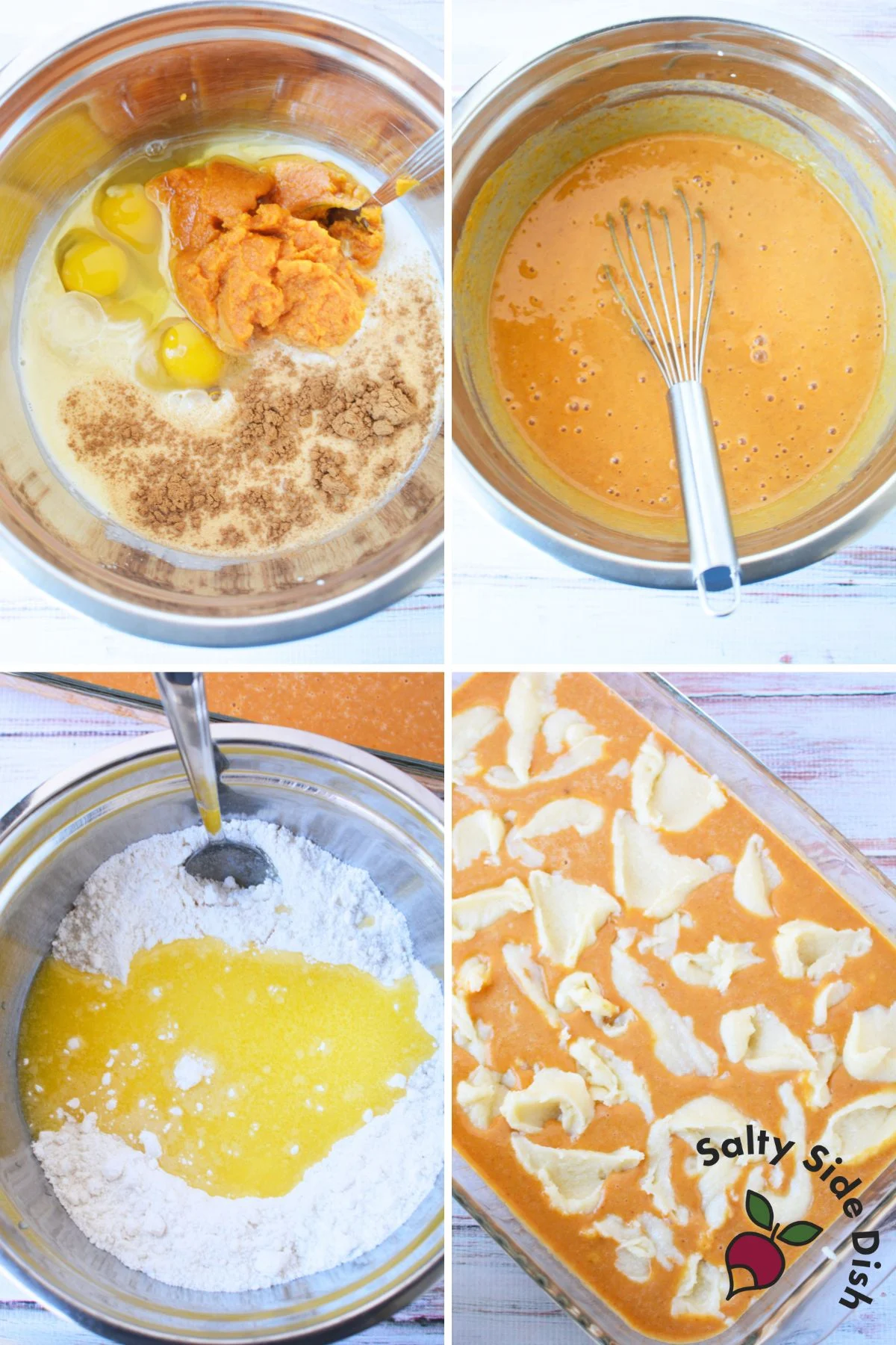 Step-by-step collage showing how to make pumpkin pie cake with canned pumpkin, eggs, and cake mix batter