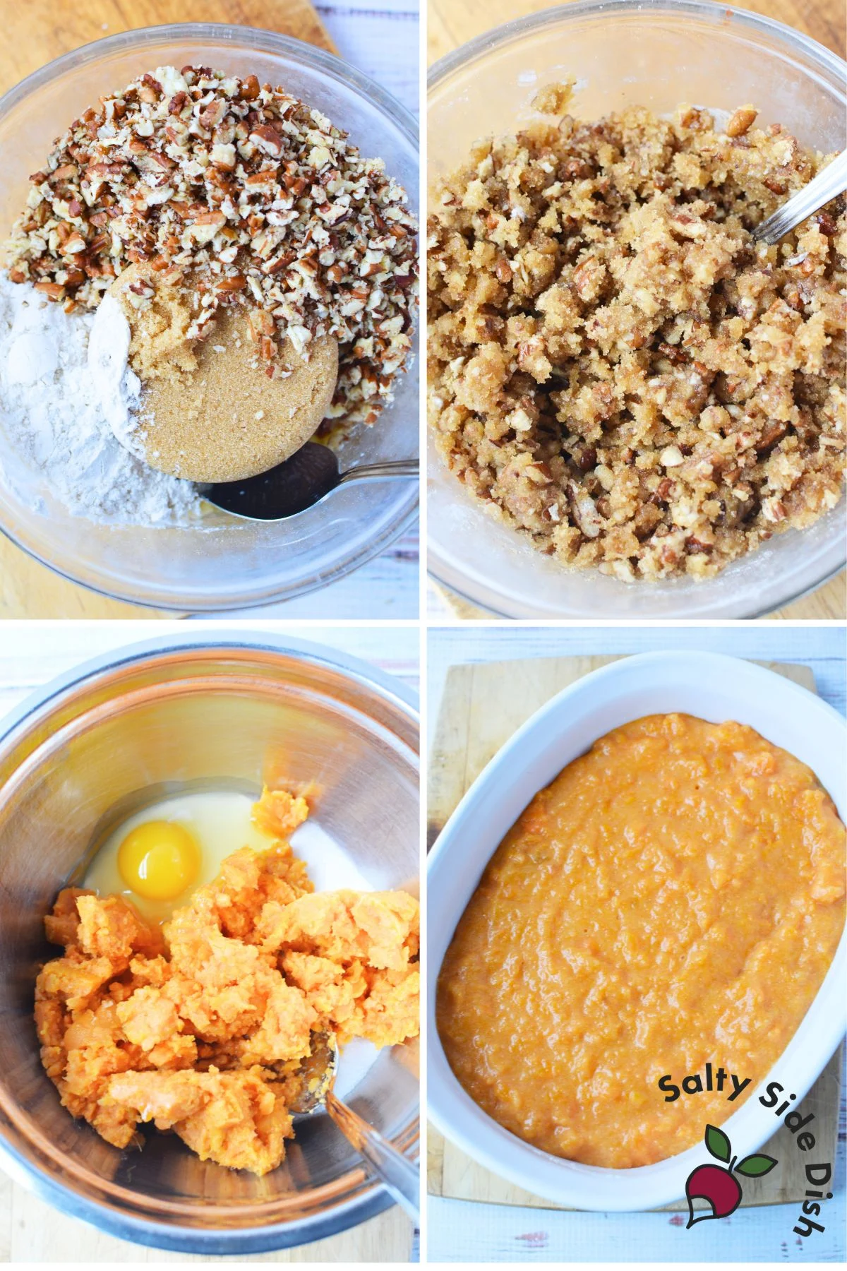 Step by step collage showing how to make Ruth’s Chris sweet potato casserole with pecan topping and mashed sweet potatoes.