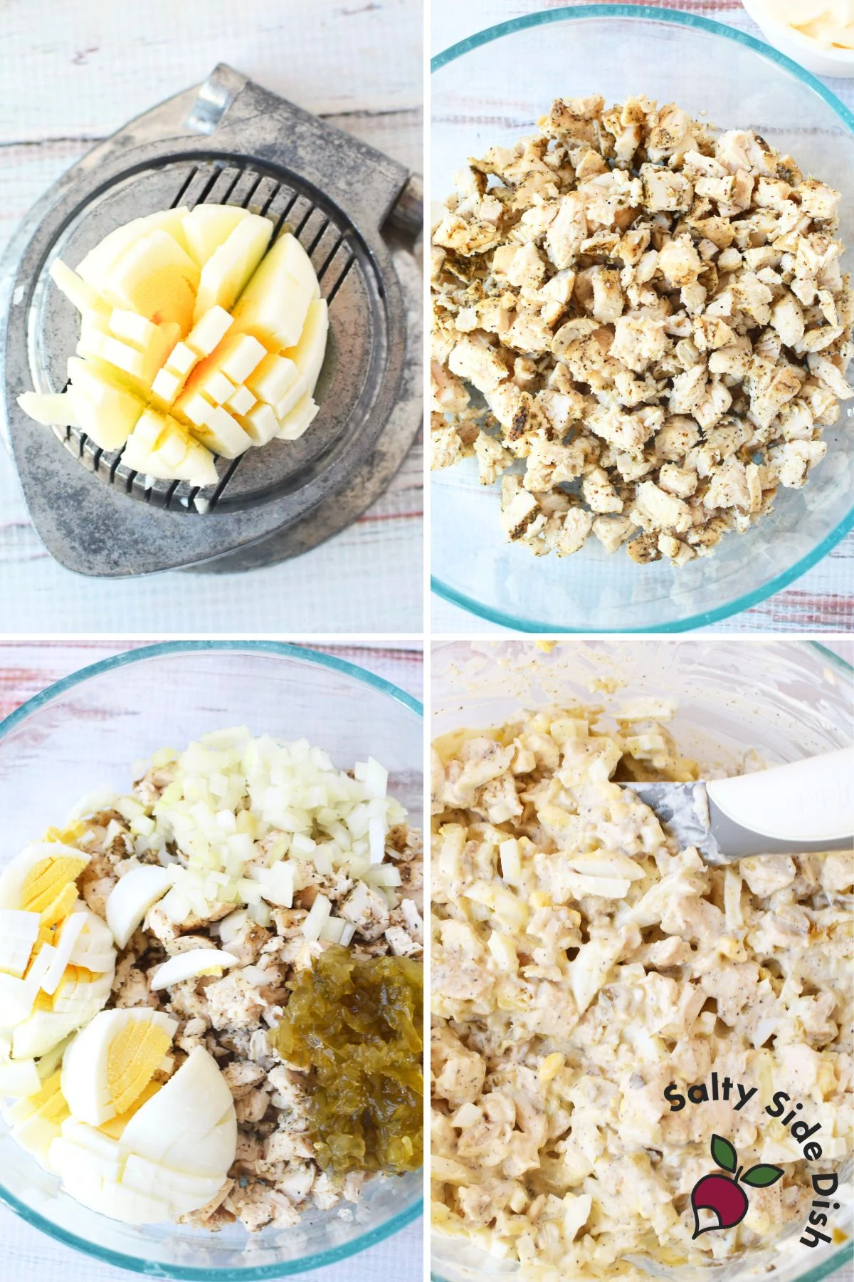 Step-by-step process collage showing chopped chicken, diced eggs, onions, and mixing for homemade chicken salad.