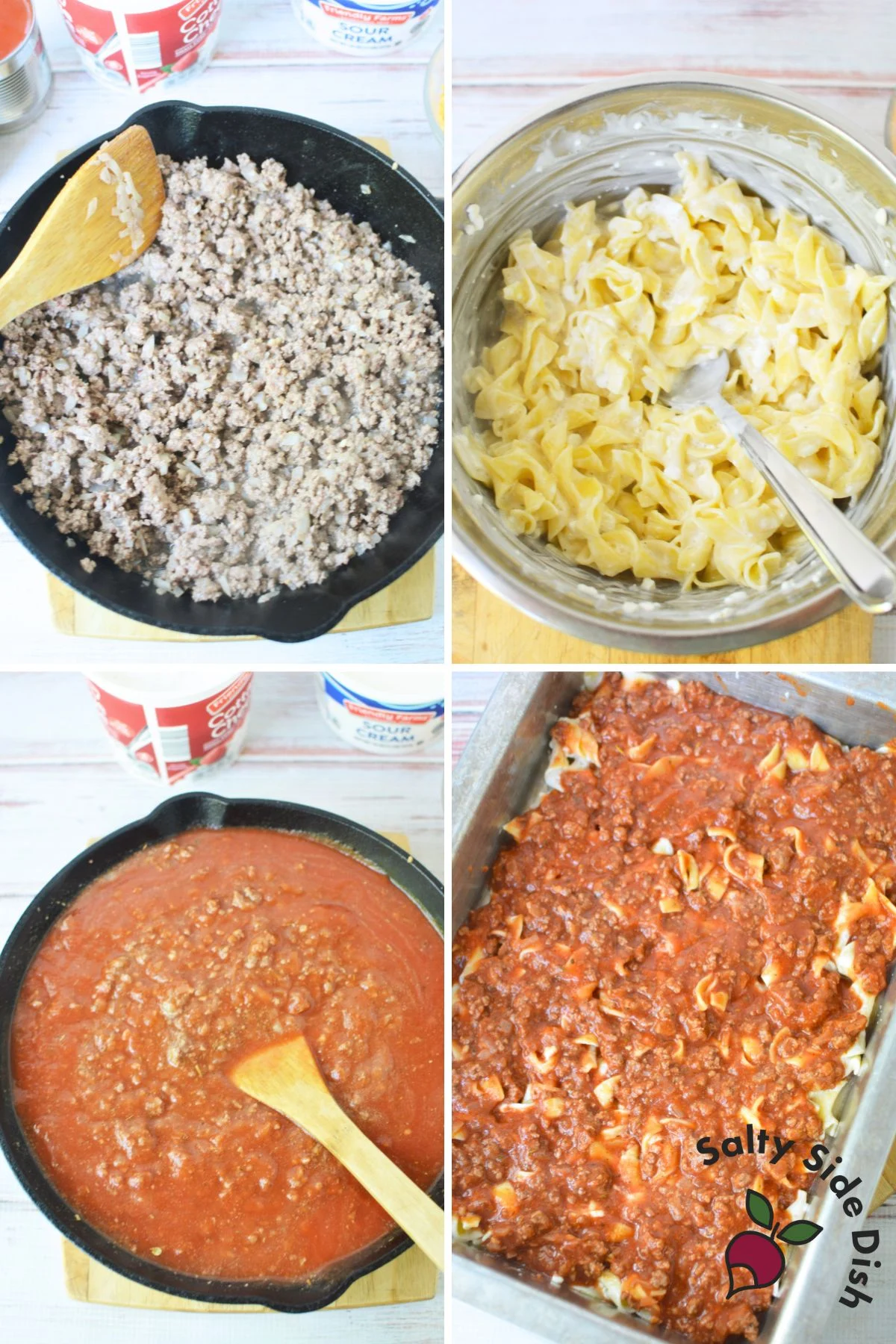 scoop of cheesy tomato beef noodle casserole with egg noodles and ground beef