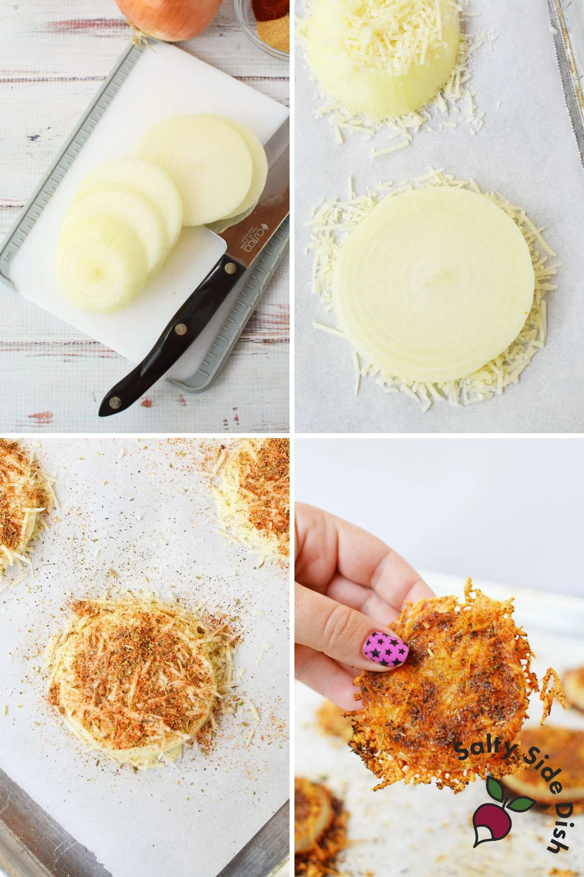 Step-by-step collage of viral TikTok onion rings with sliced onions, shredded cheese, and seasoning before baking