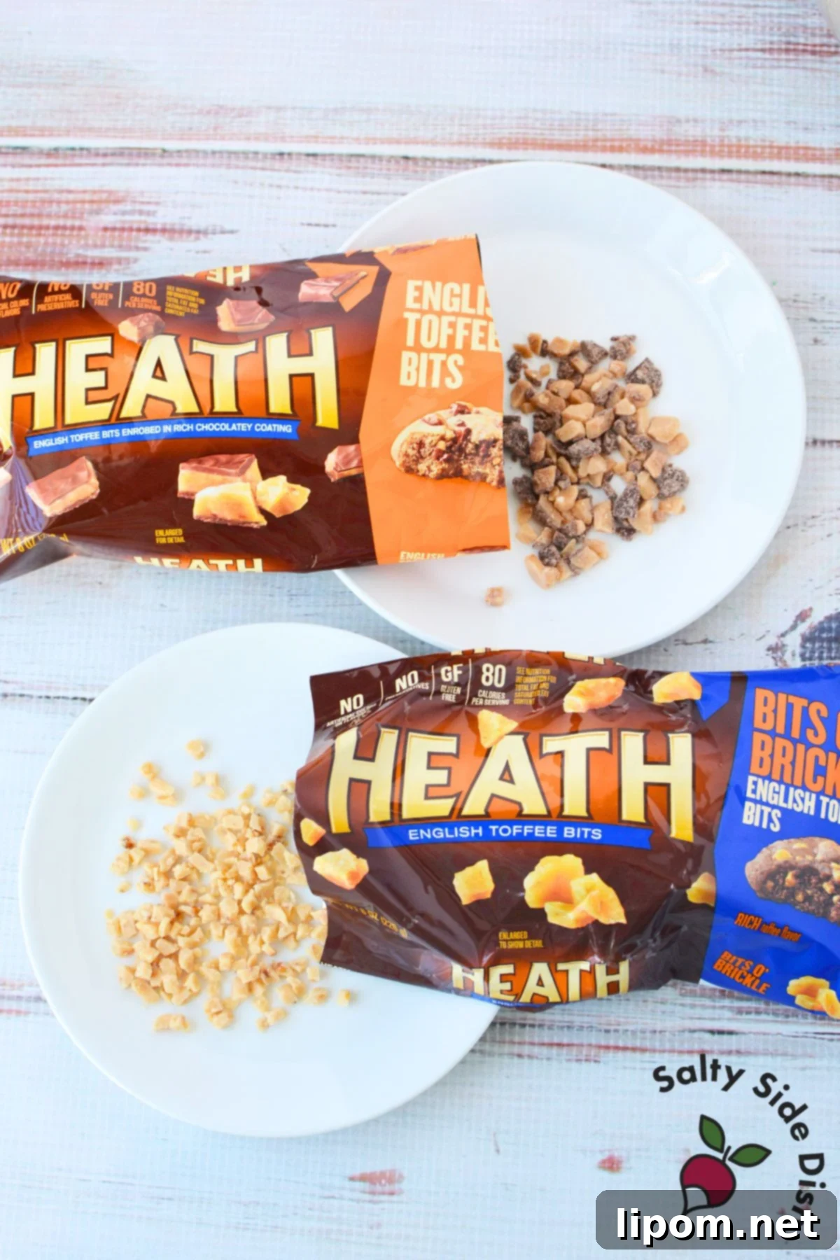 Sweet and Salty Pretzel Bites 3 Comparison of Heath toffee bits and Bits o Brickle for making butter toffee pretzels