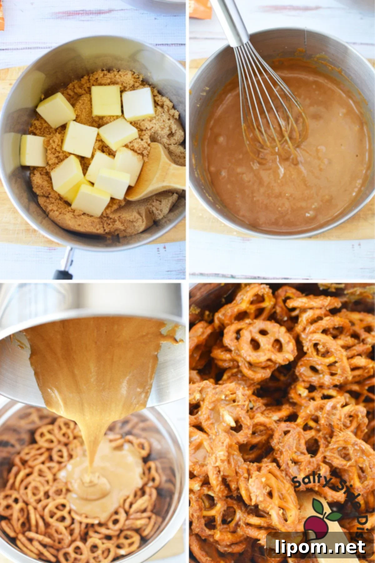 Sweet and Salty Pretzel Bites 5 Step by step instructions for making butter toffee pretzels with melted caramel coating