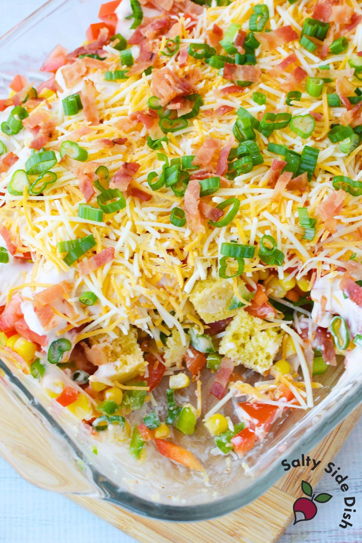 old fashioned southern cornbread salad layered with bacon cheese and fresh vegetables