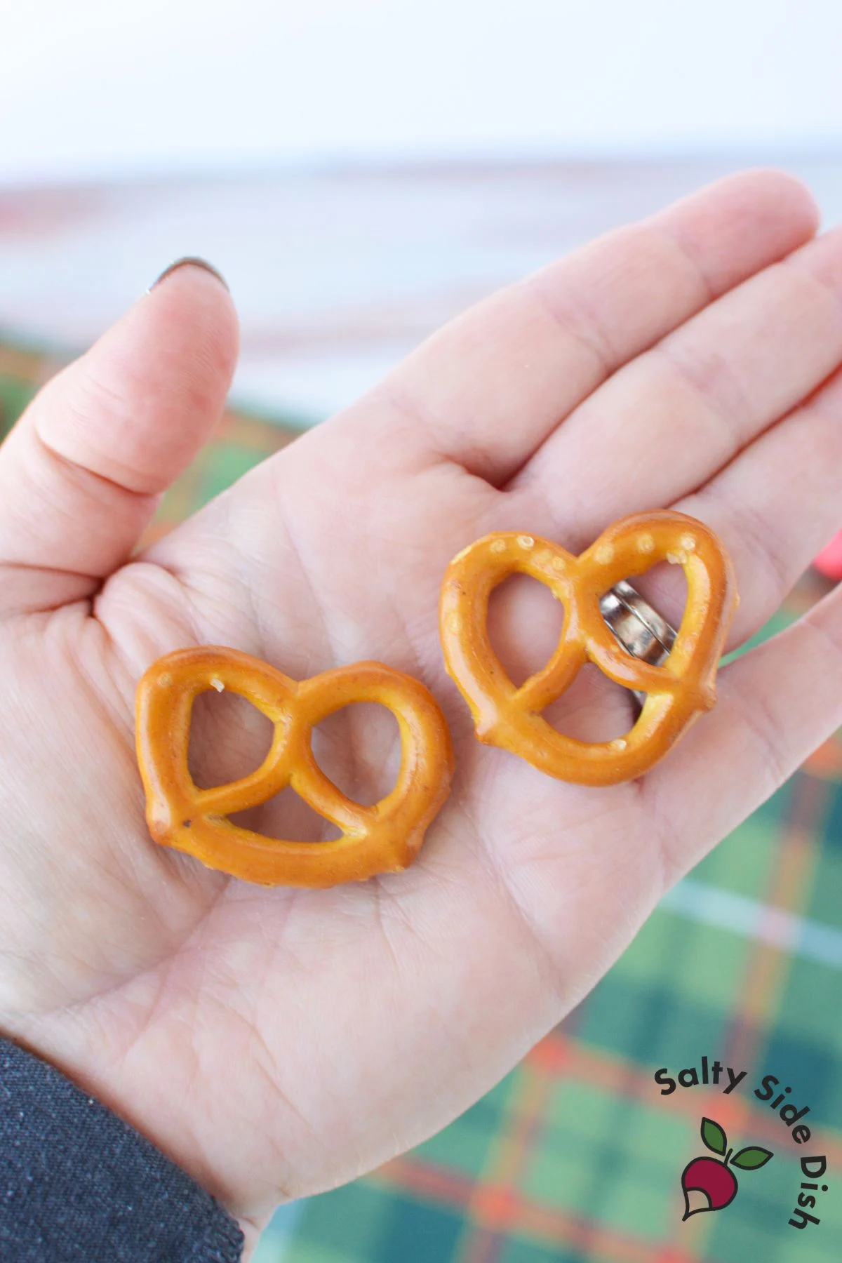 Two different shaped pretzels used for making chocolate pretzel wreaths