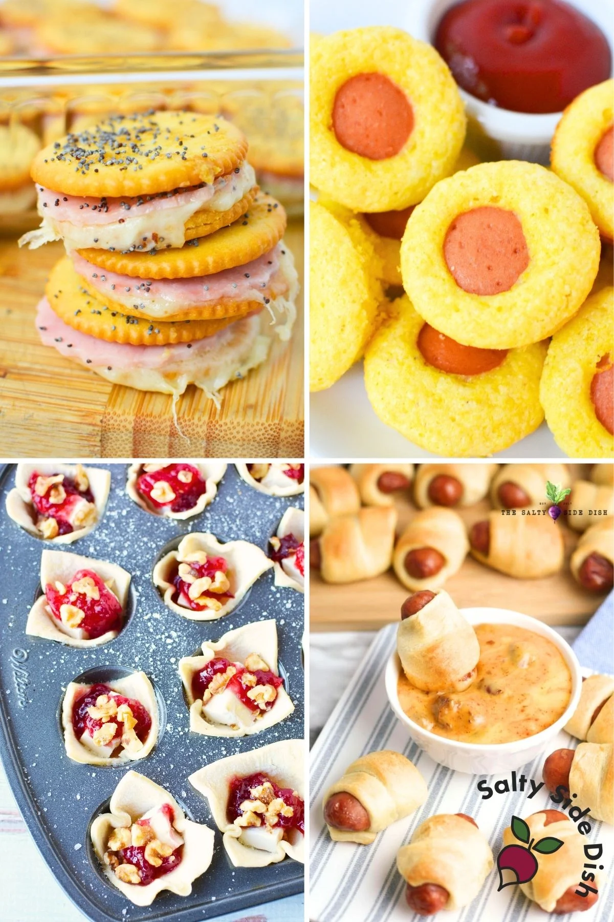 Warm finger foods for a party including cracker sandwiches, mini corn dog muffins, cranberry brie bites, and pigs in a blanket