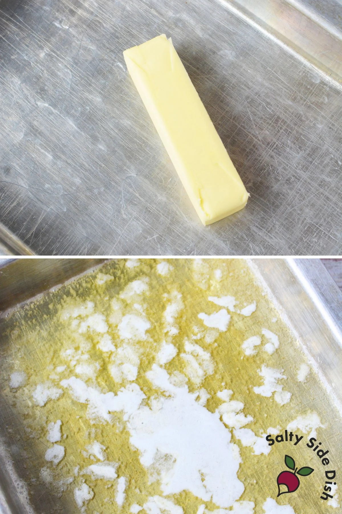 Butter placed in a baking dish before melting in the oven for parmesan butter roasted zucchini
