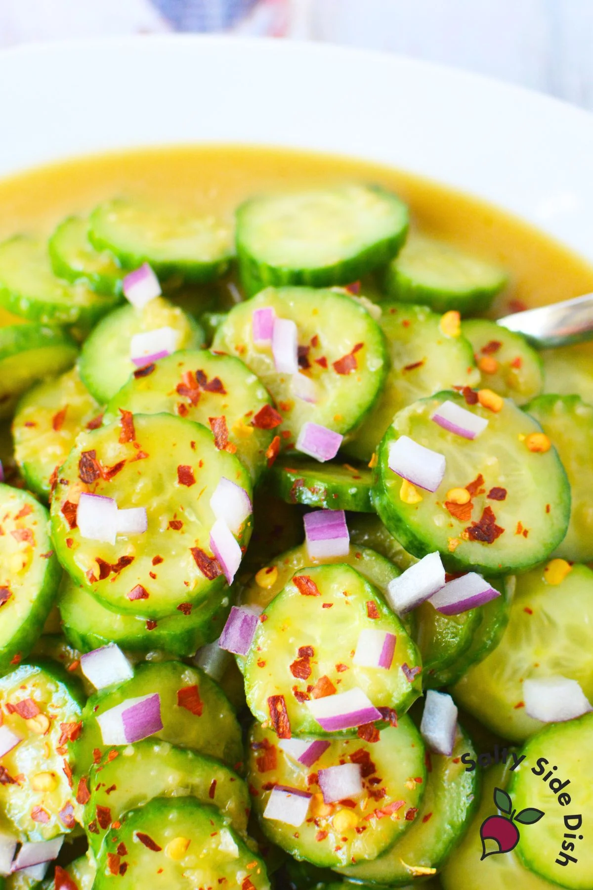 Balsamic cucumber salad served in a shallow bowl with thin sliced cucumbers soaking in a blended balsamic dressing