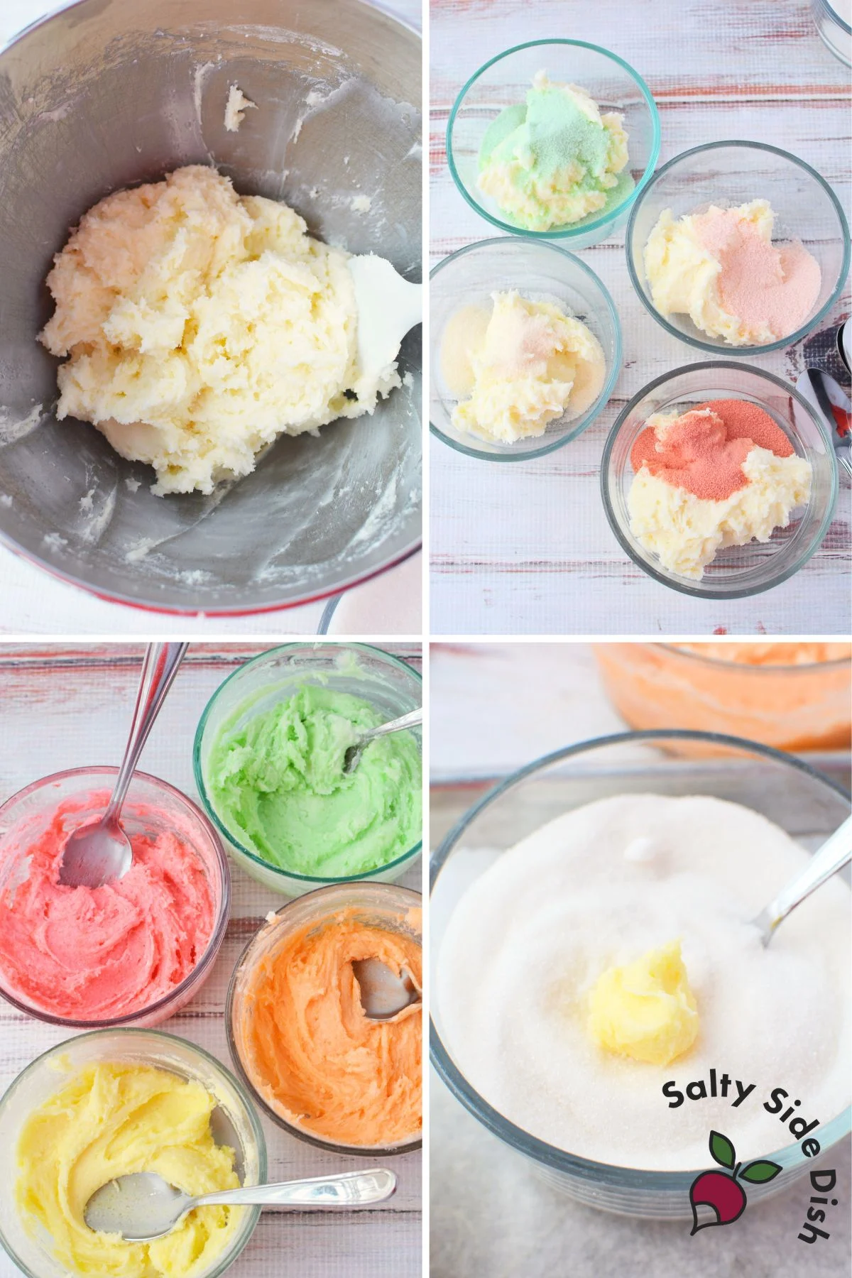Cream cheese candy melt mixture divided into bowls and mixed with different jello flavors