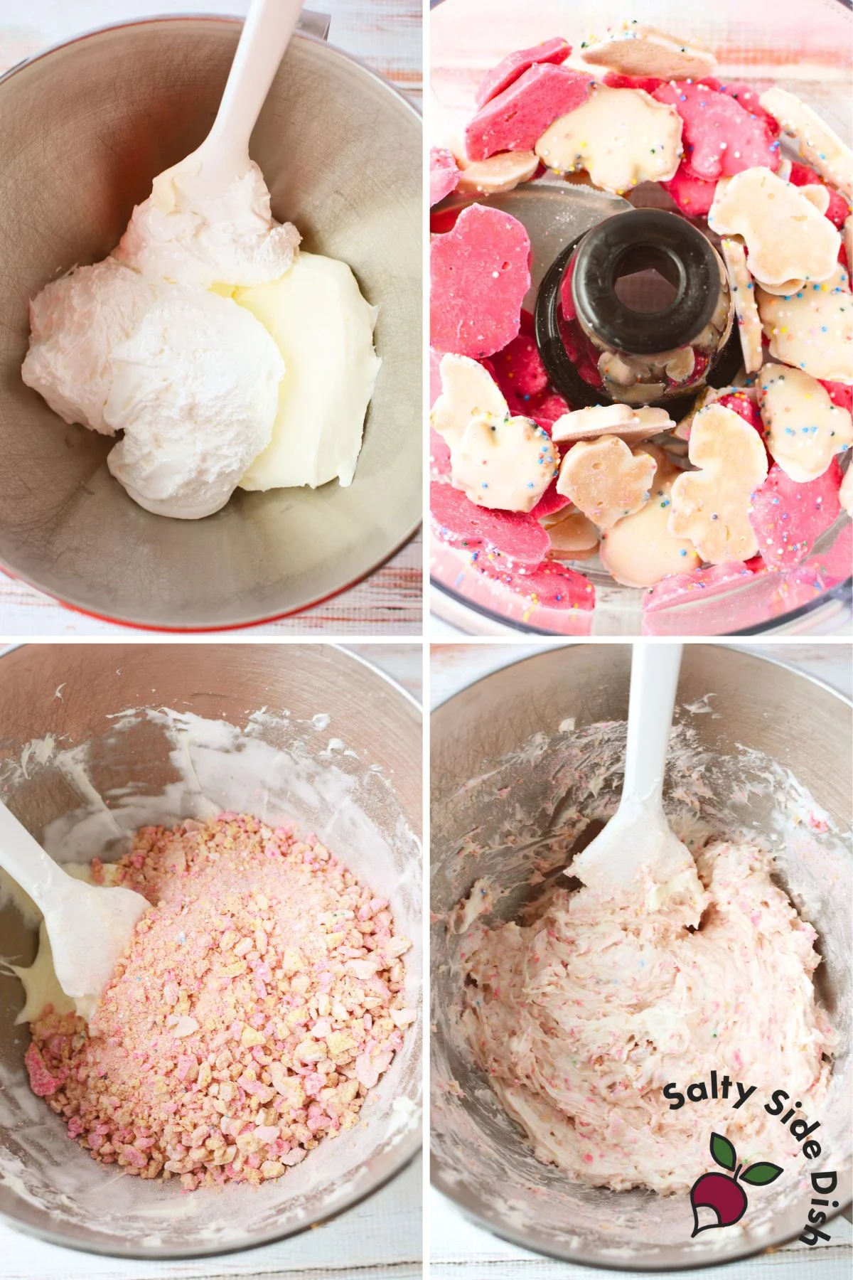 Step by step process showing how to make frosted animal cracker dip with crushed cookies and cream cheese mixture
