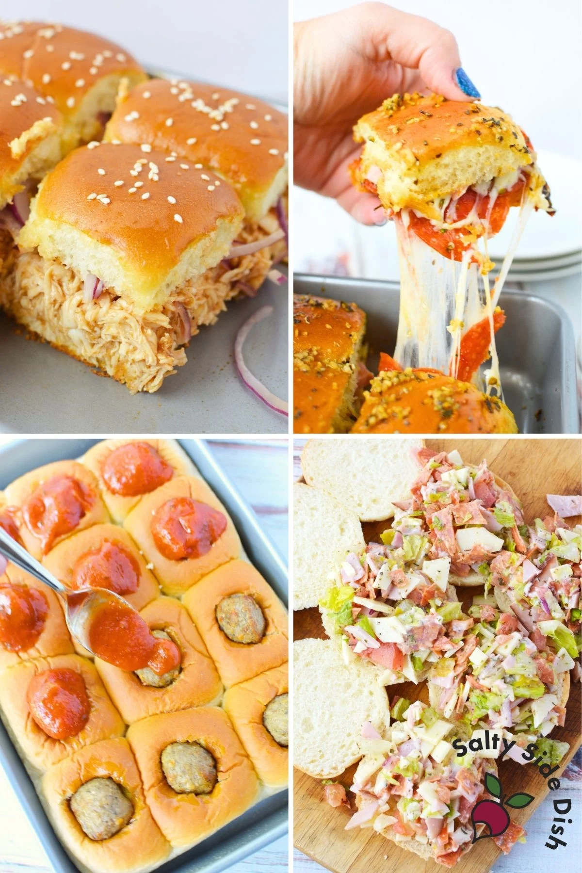 Hearty party sliders including BBQ chicken sliders, pizza sliders, meatball sliders, and Italian chopped sliders
