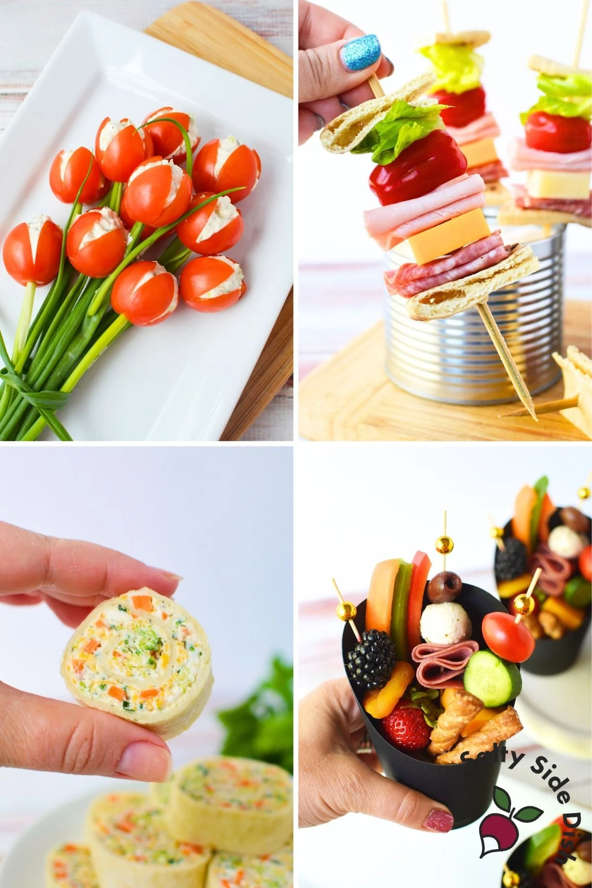 Quick party finger foods including pinwheels, sandwich kabobs, salami rose skewers, and charcuterie cups on a serving table