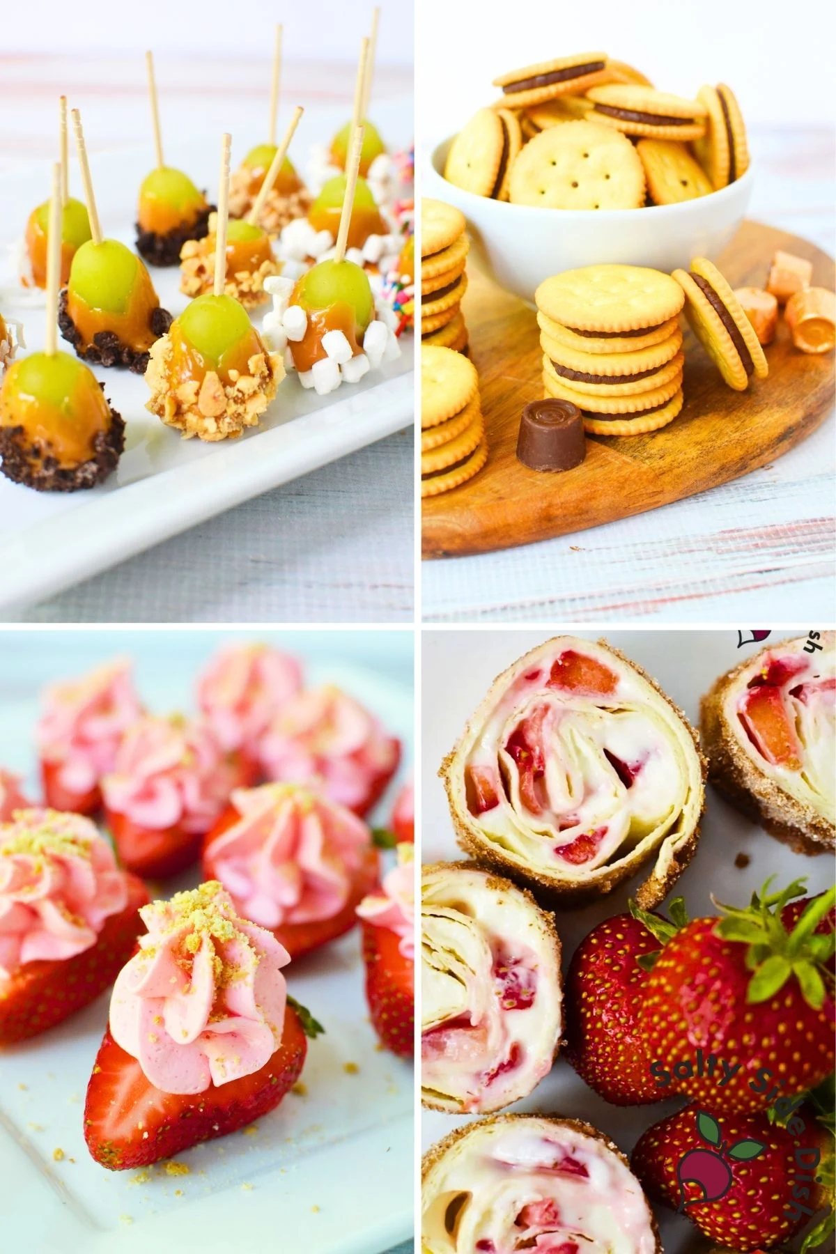 Sweet finger foods for a party including cheesecake deviled strawberries, strawberry pinwheels, caramel apple grapes, and chocolate cracker treats